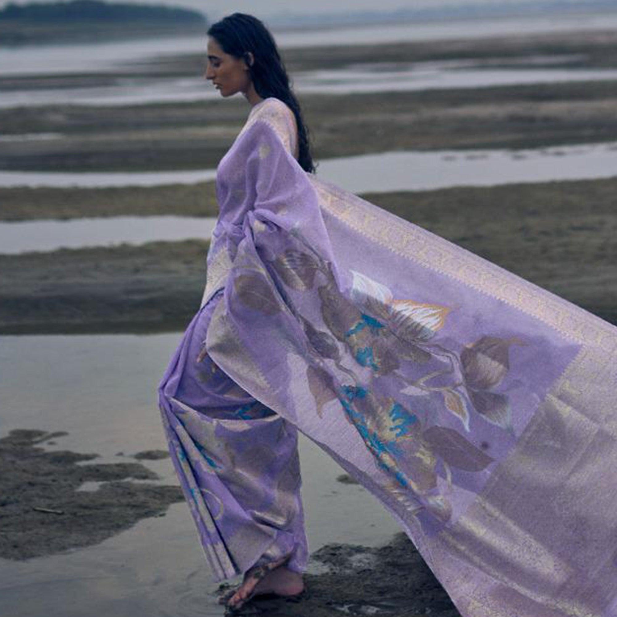 Lovely Light Purple Colored Festive Wear Woven Pure Linen Silk Saree - Peachmode