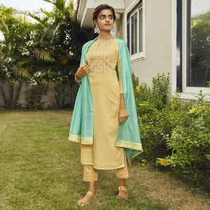 Lovely Light Yellow Colored Partywear Embroidered Rayon Kurti - Pant Set With Dupatta - Peachmode