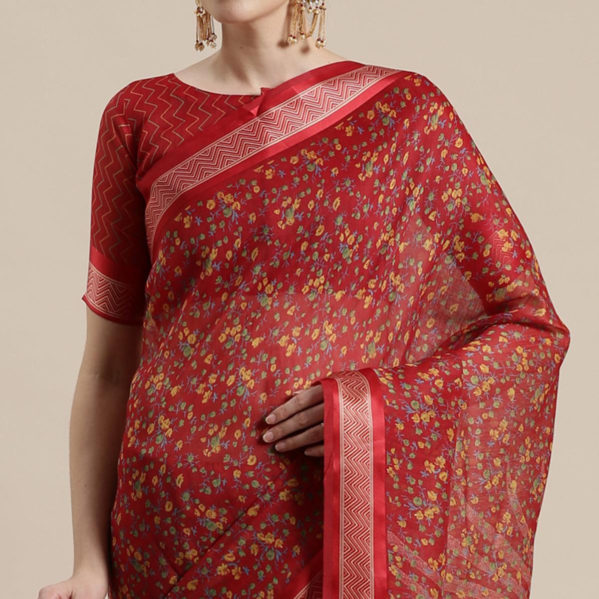 Lovely Maroon Colored Casual Wear Floral Printed Cotton Silk Saree - Peachmode