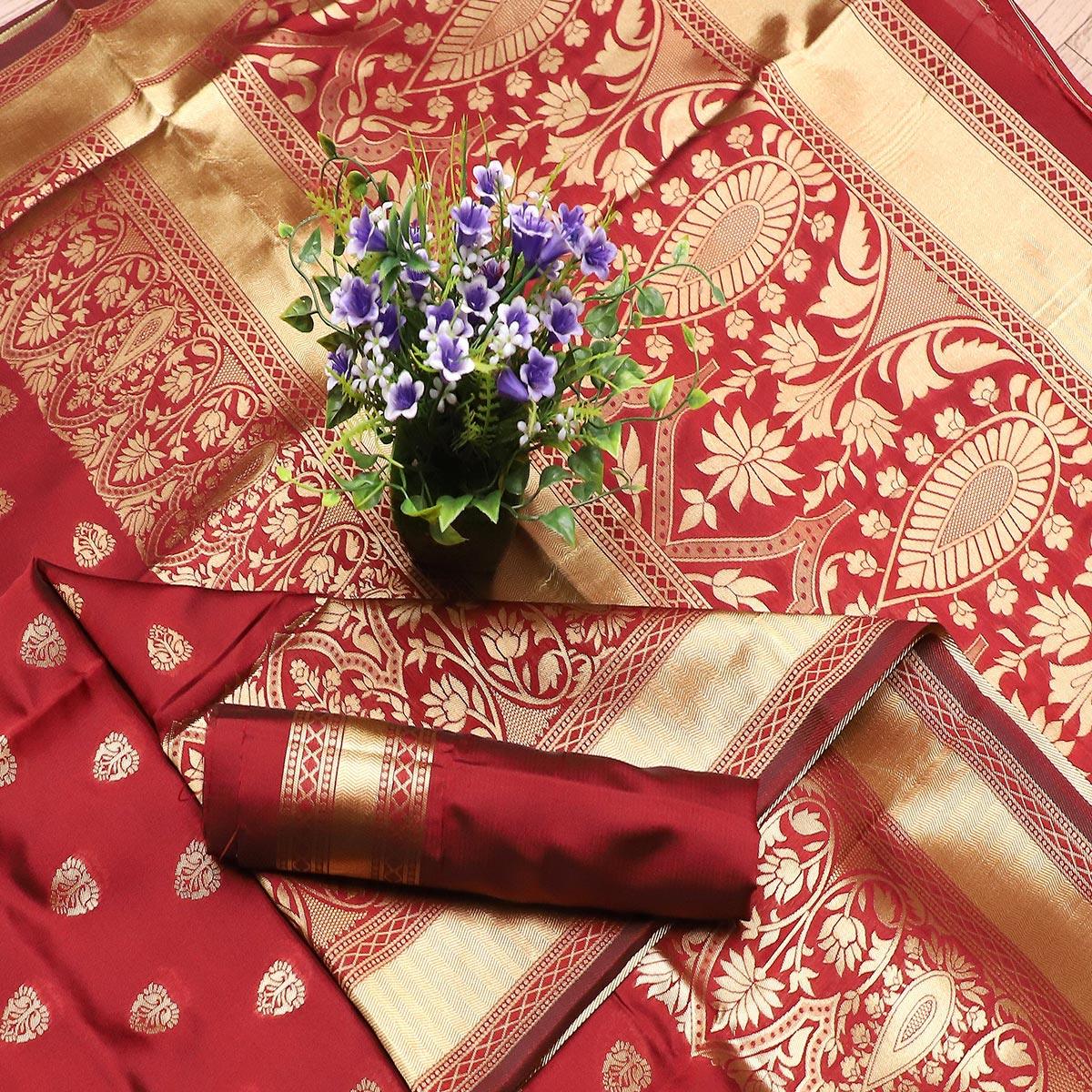 Lovely Maroon Colored Festive Wear Woven Banarasi Silk Saree - Peachmode