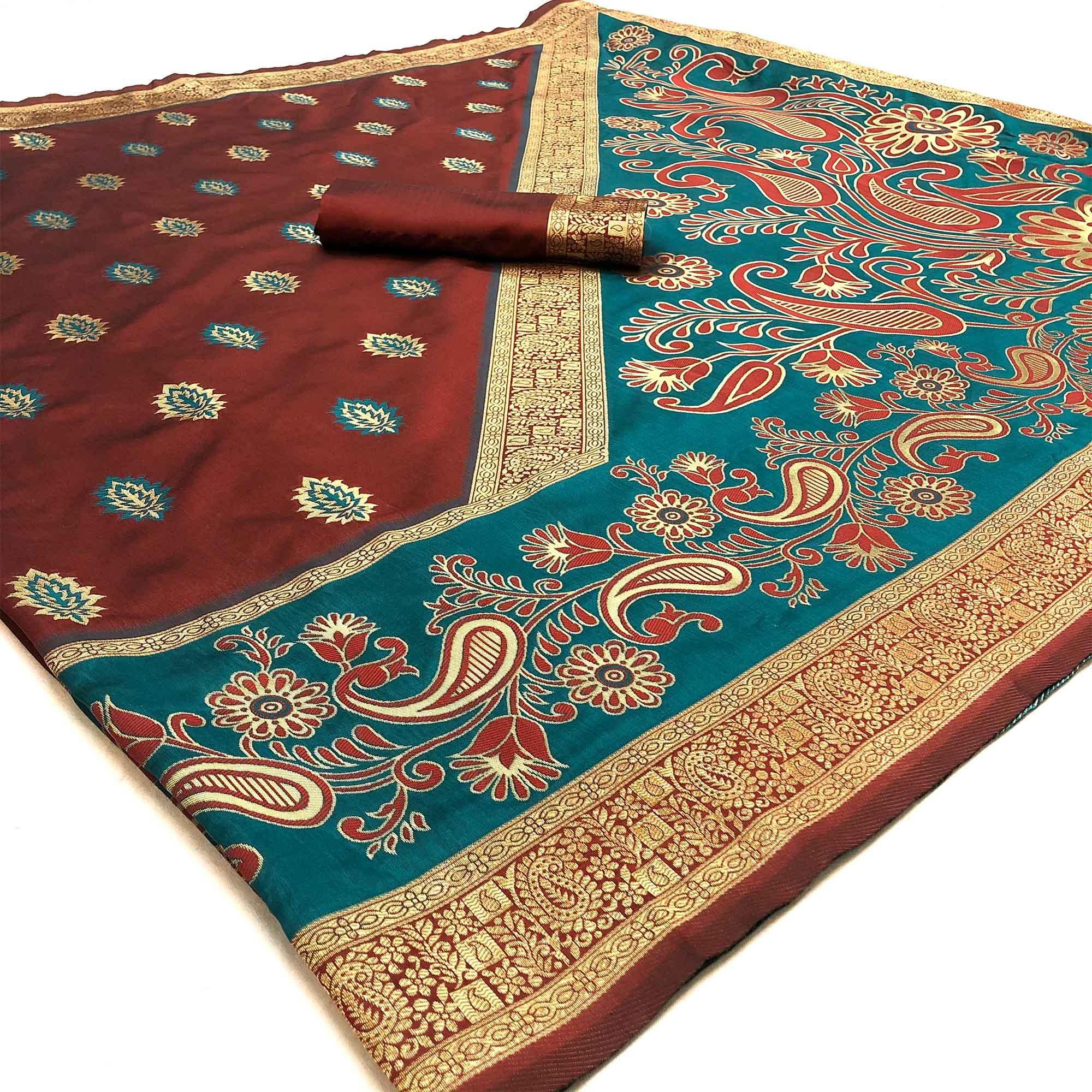 Lovely Maroon Coloured Party Wear Meenakri Multi Thread Weaving Heavy Banarasi Saree - Peachmode