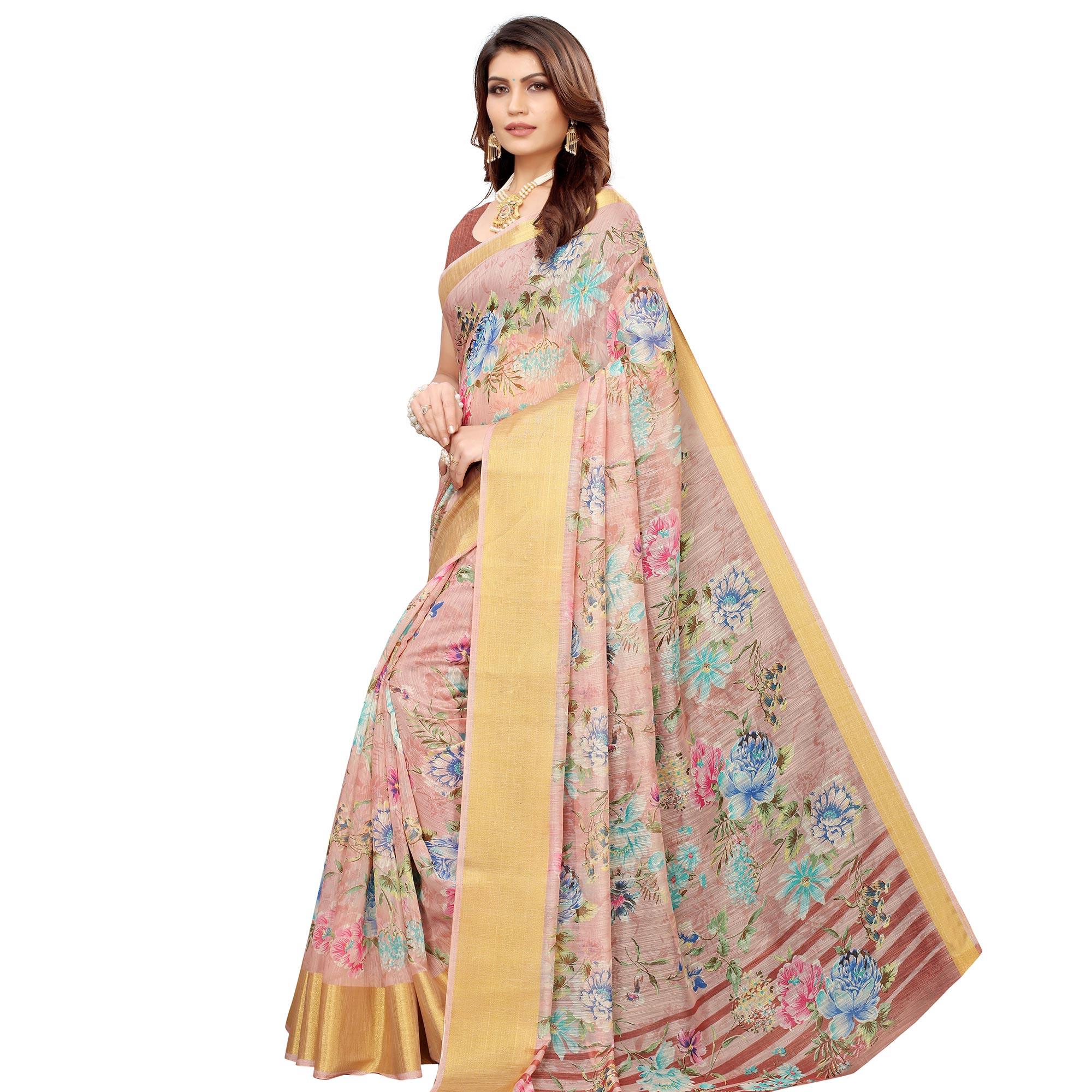 Lovely Mauve Festive Wear Floral Printed Semi Linen Jari Border Printed Saree - Peachmode
