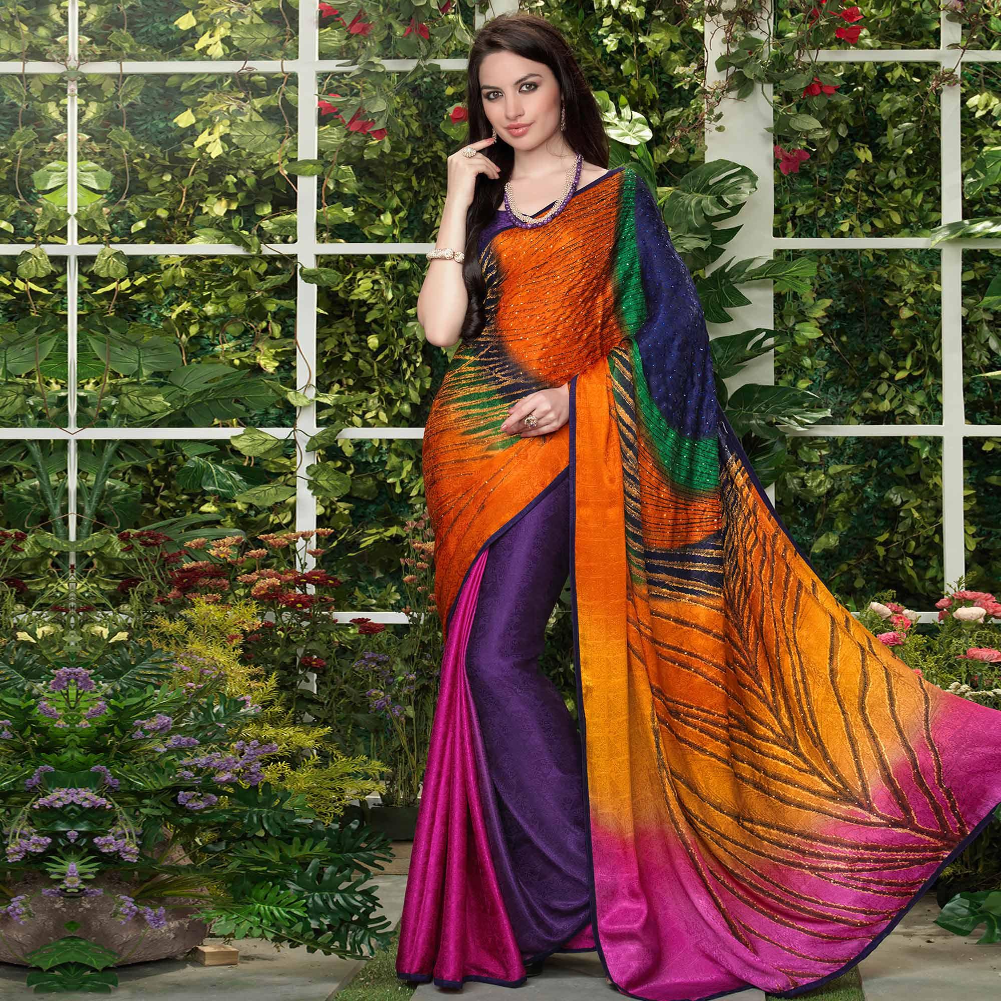 Lovely Multi Colored Party Wear Printed Silk Crepe Saree - Peachmode
