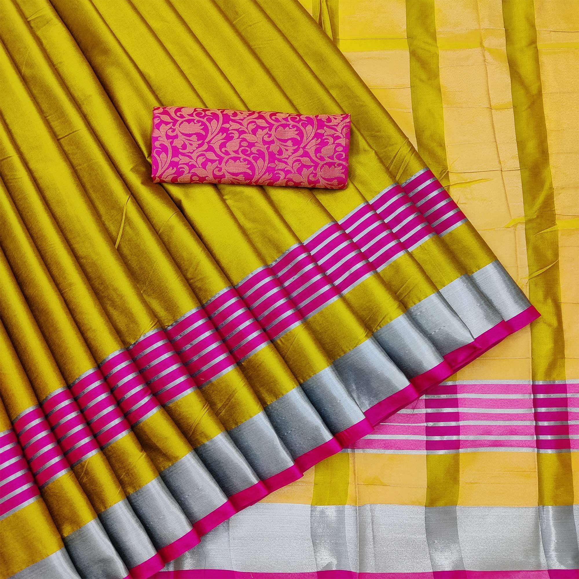Lovely Mustard Coloured Casual Wear Zari Border Cotton Saree - Peachmode