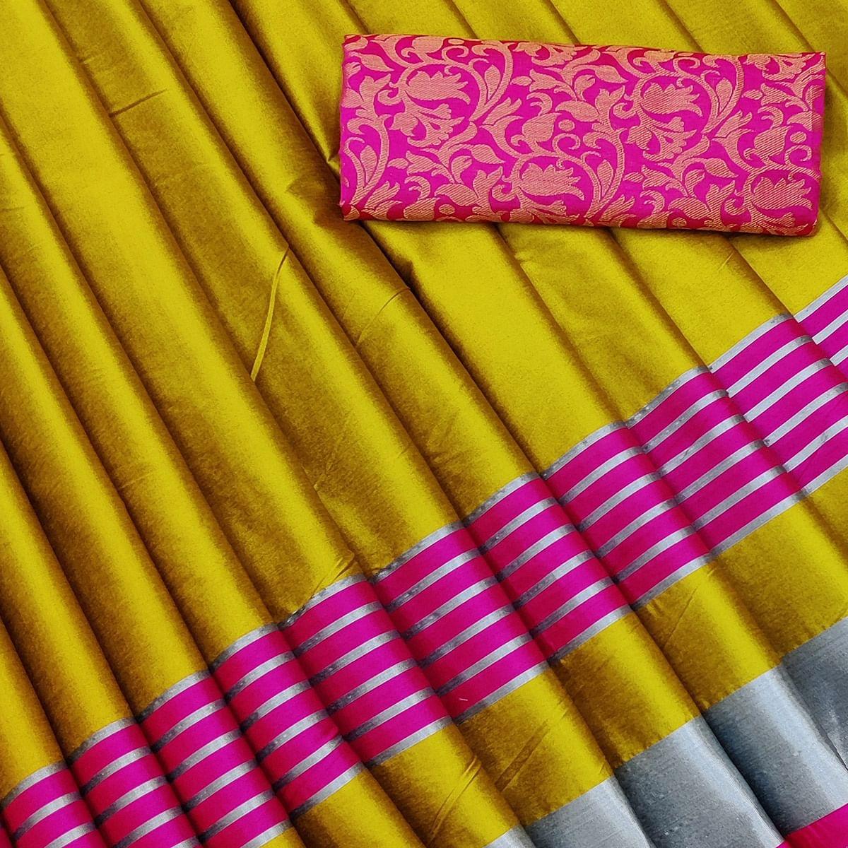 Lovely Mustard Coloured Casual Wear Zari Border Cotton Saree - Peachmode