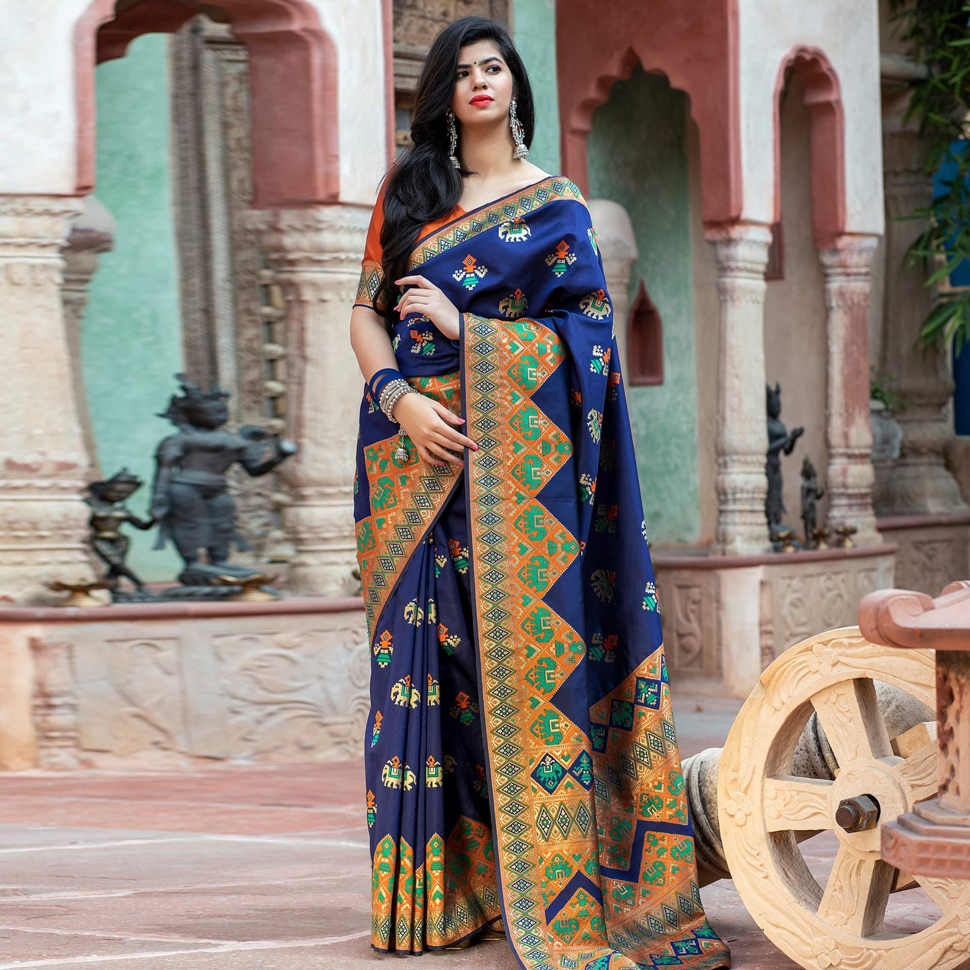 Lovely Navy Blue Colored Festive Wear Woven Patola Silk Saree - Peachmode