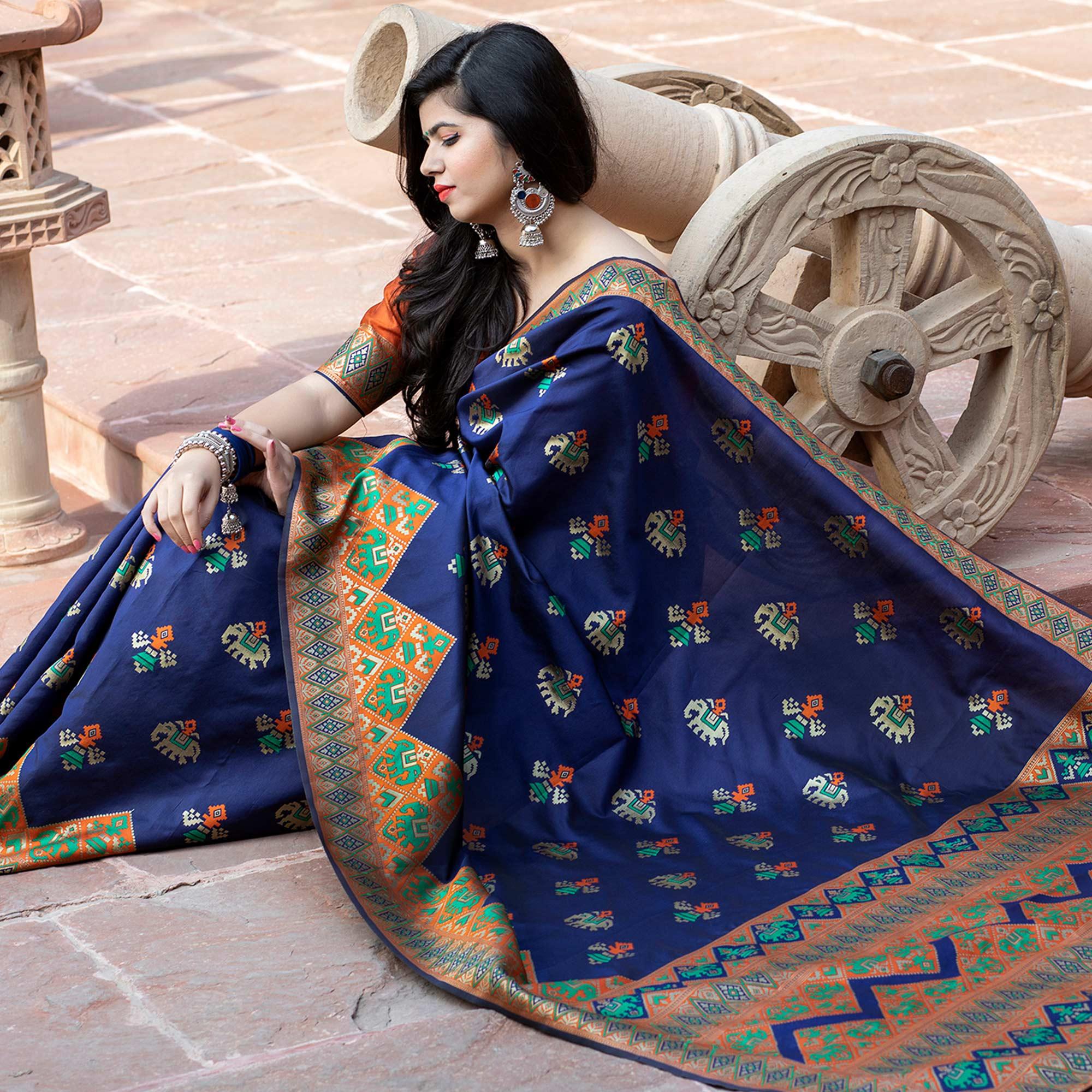 Lovely Navy Blue Colored Festive Wear Woven Patola Silk Saree - Peachmode