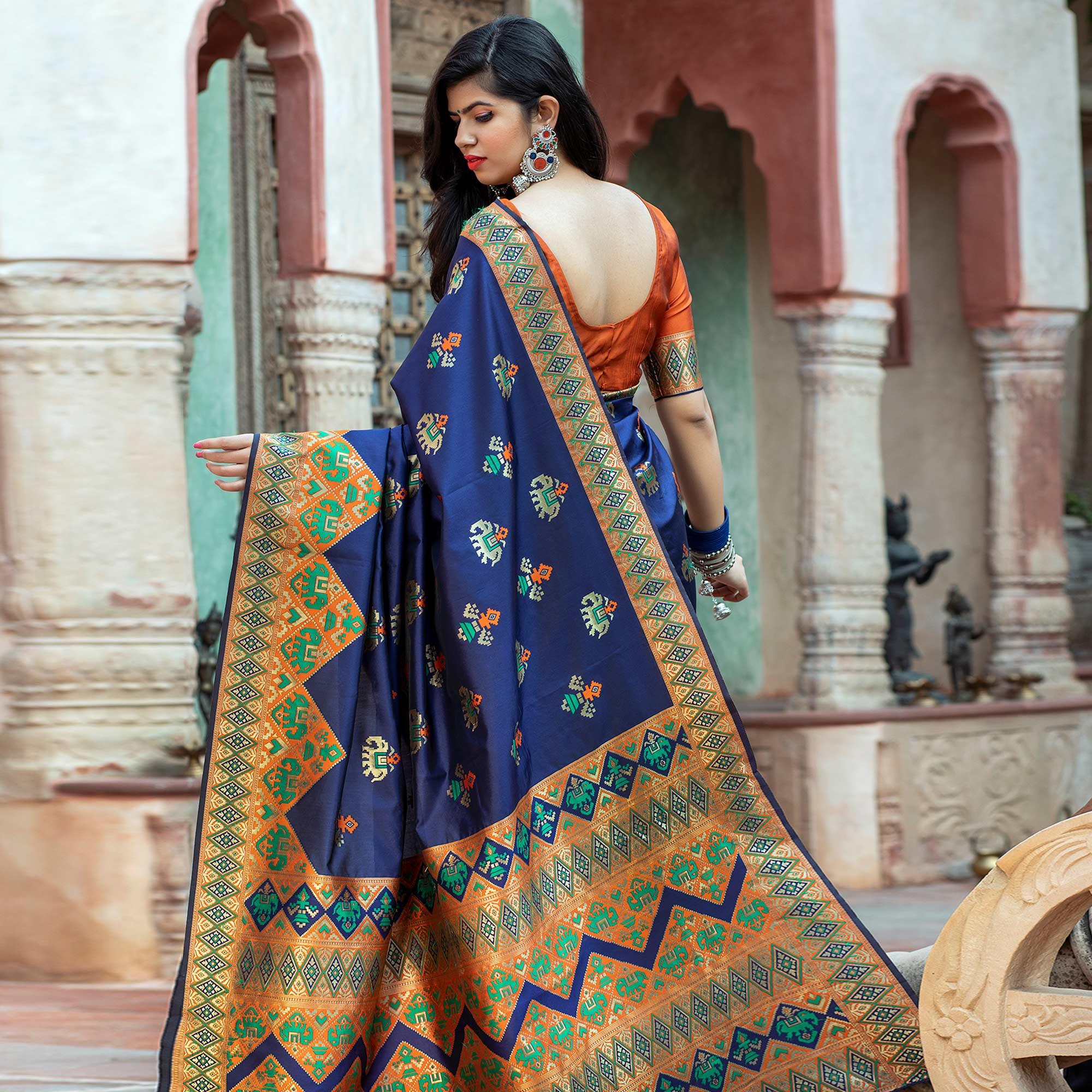 Lovely Navy Blue Colored Festive Wear Woven Patola Silk Saree - Peachmode