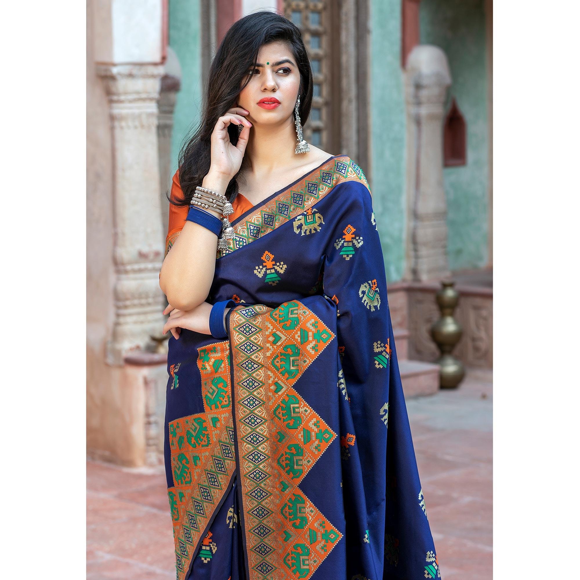 Lovely Navy Blue Colored Festive Wear Woven Patola Silk Saree - Peachmode