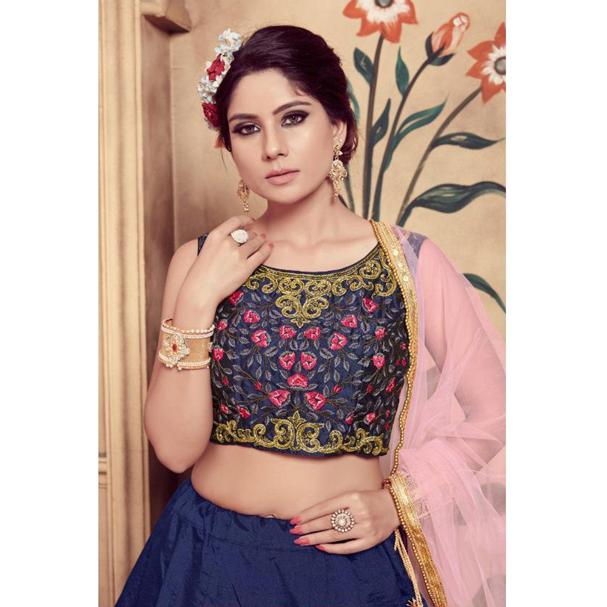 Lovely Navy Blue Colored Party Wear Embroidered Silk Lehenga Choli - Peachmode