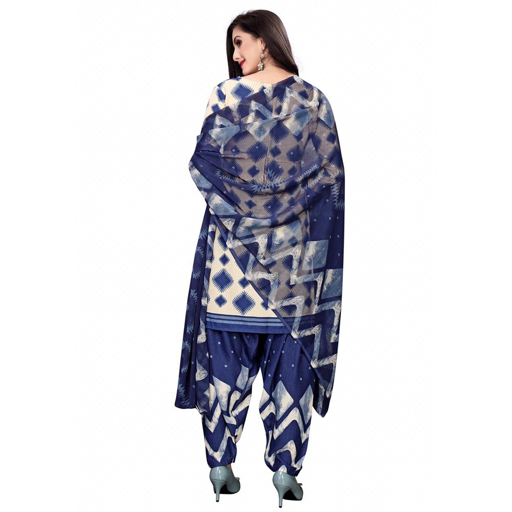 Lovely Off White - Blue Colored Casual Wear Printed Crepe Salwar Suit - Peachmode