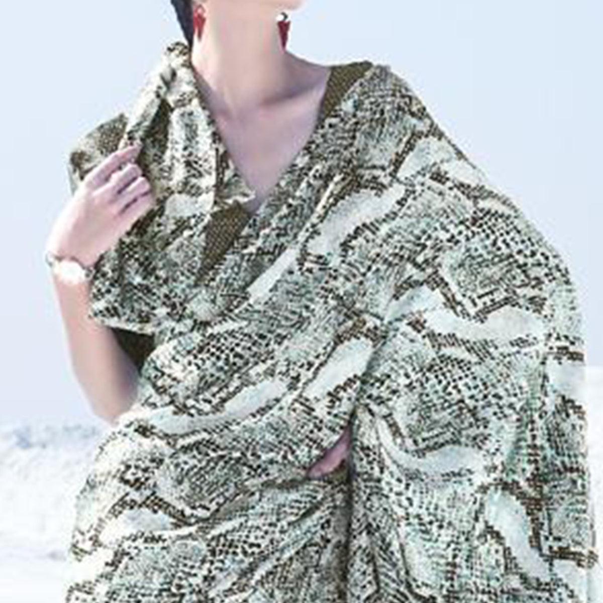 Lovely Offwhite Colored Casual Wear Printed Satin Crepe Saree - Peachmode