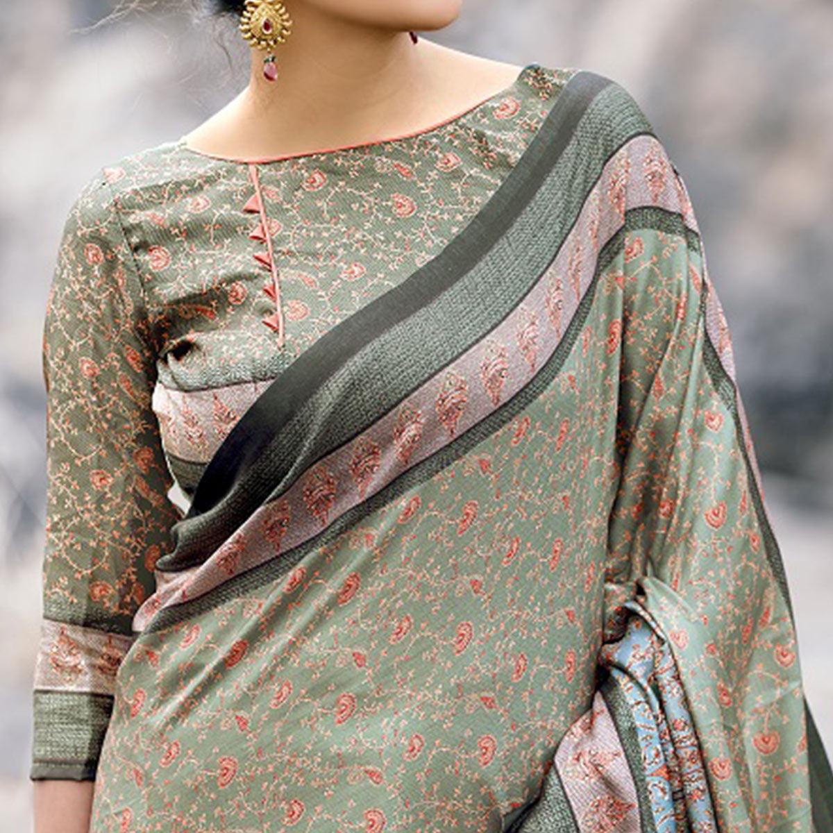 Lovely Pastel Olive Green Colored Festive Wear Printed Art Silk Saree - Peachmode