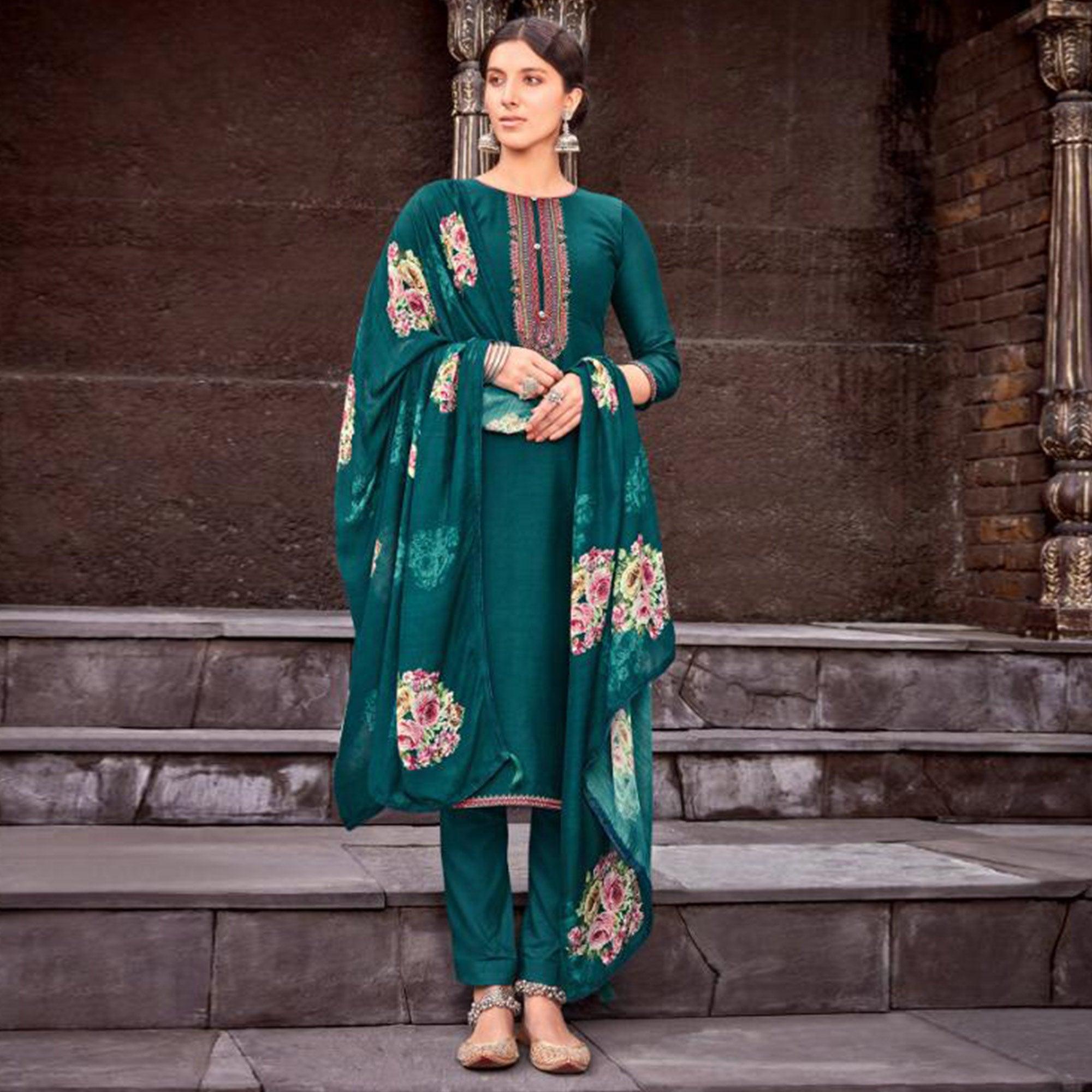 Lovely Peacock Blue Colored Partywear Printed Viscose Muslin Suit - Peachmode