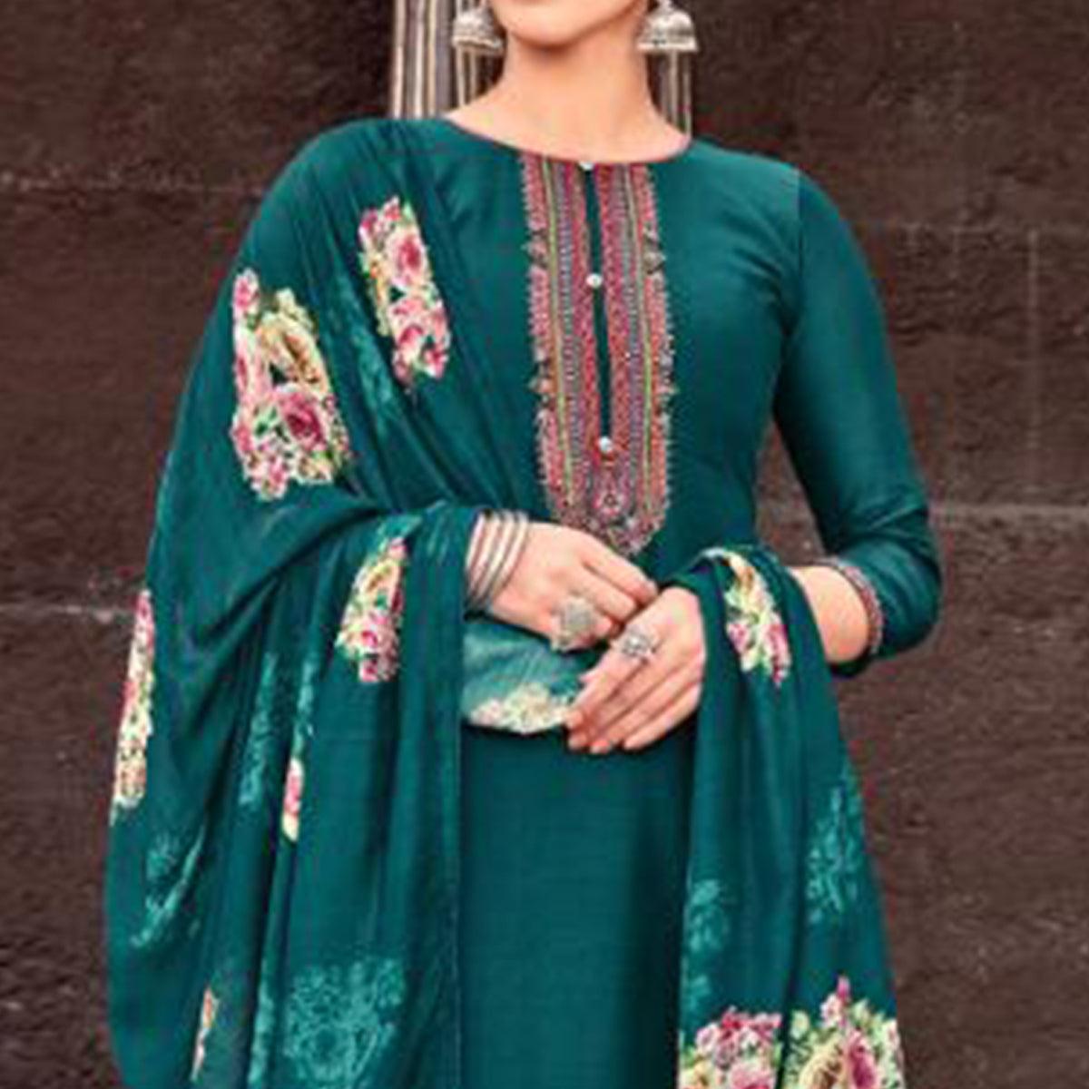 Lovely Peacock Blue Colored Partywear Printed Viscose Muslin Suit - Peachmode