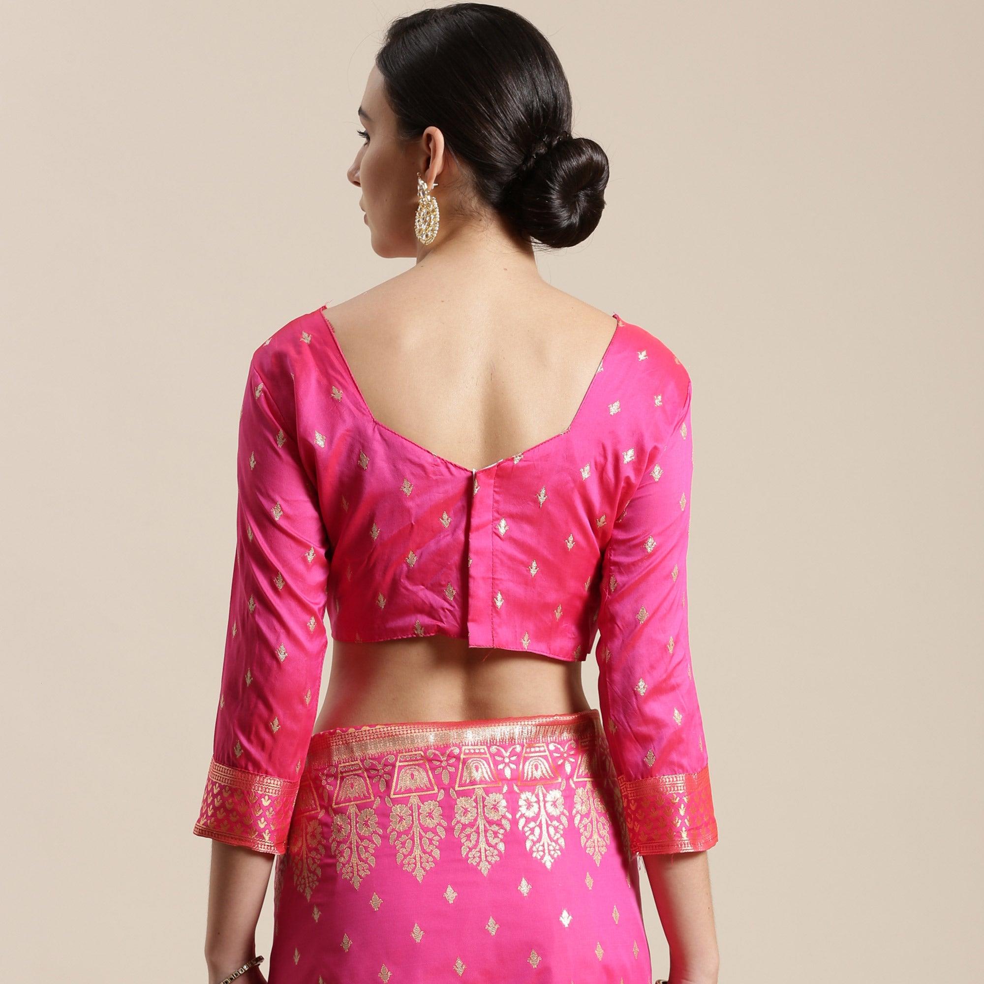 Lovely Pink Colored Festive Wear Silk Blend Woven Floral Saree With Tassels - Peachmode