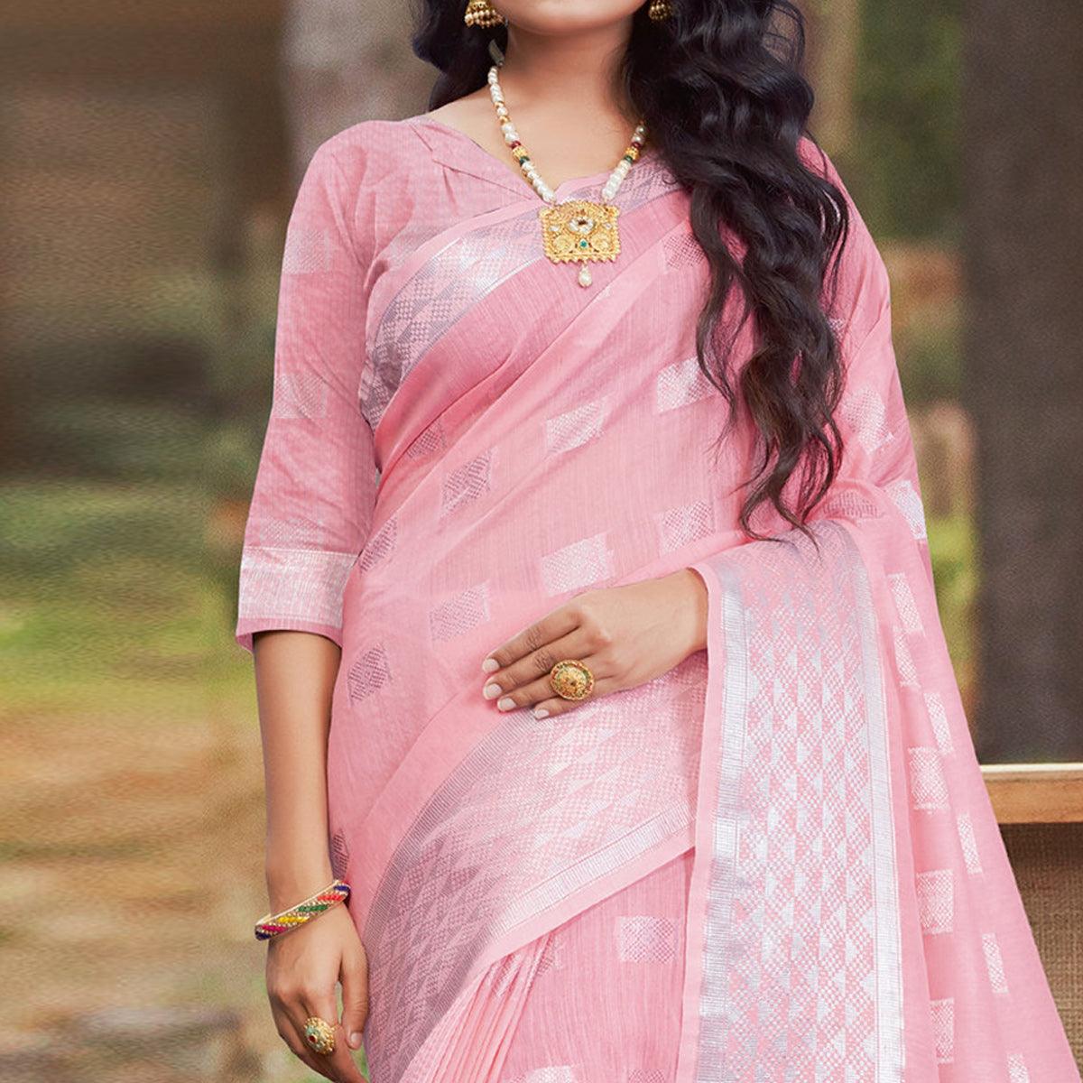 Lovely Pink Coloured Partywear Woven Linen Cotton Saree - Peachmode