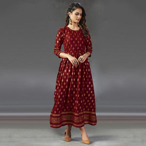 Lovely Red Colored Partywear Foil Printed Viscose Rayon Kurti - Peachmode