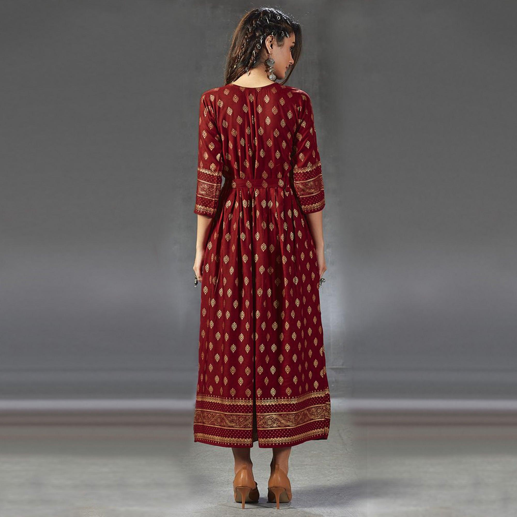 Lovely Red Colored Partywear Foil Printed Viscose Rayon Kurti - Peachmode