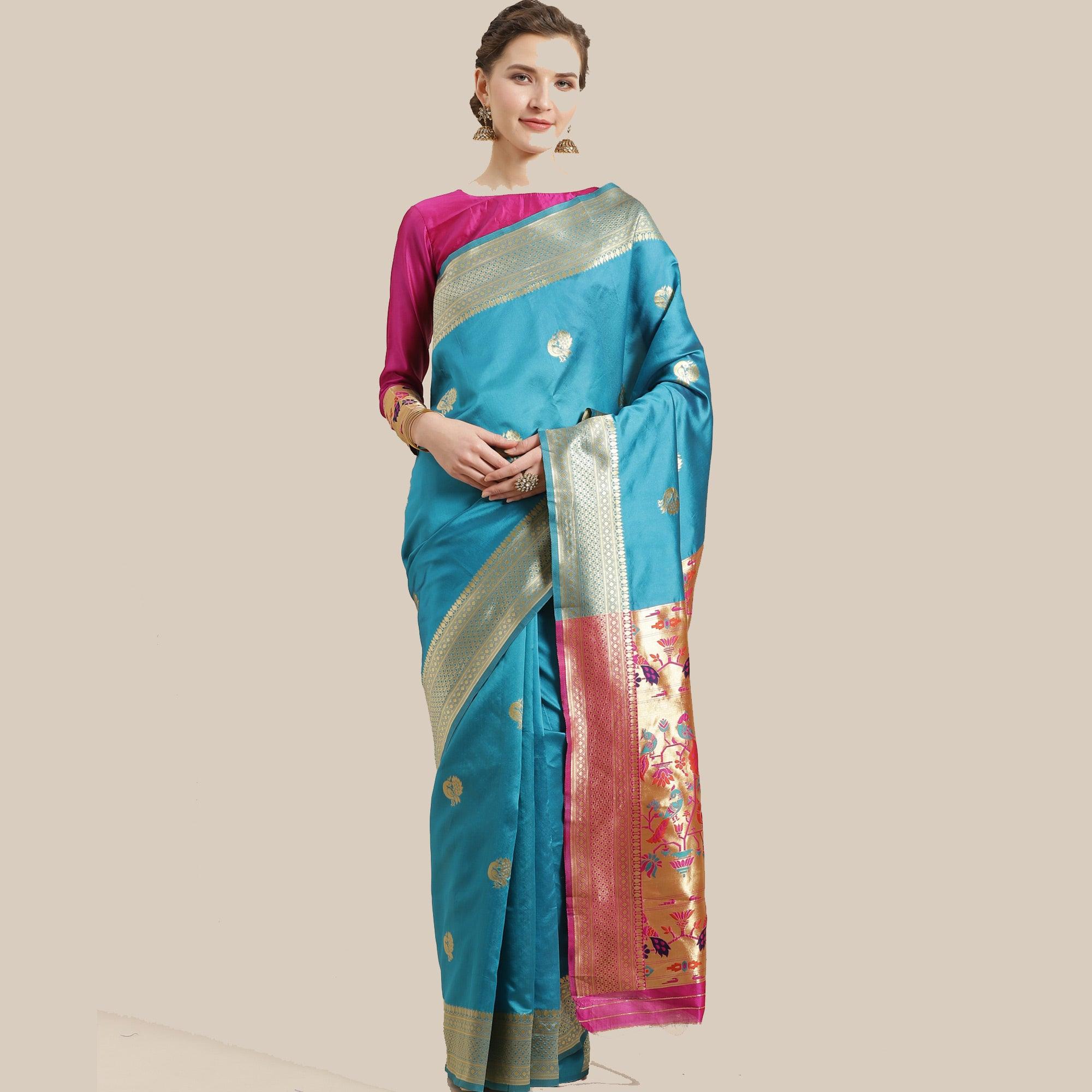 Lovely Sky Blue Colored Festive Wear Woven Silk Blend Saree - Peachmode