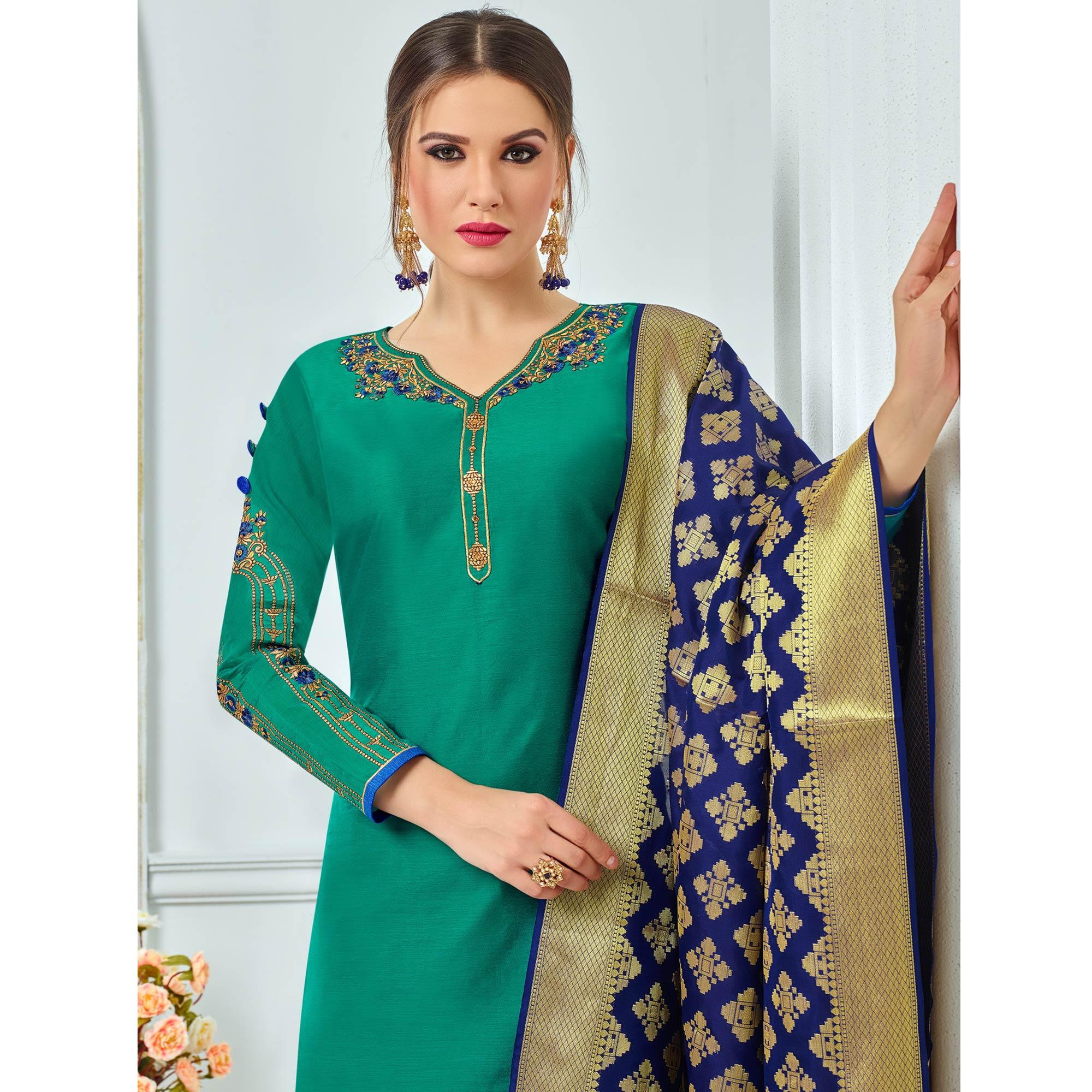 Lovely Teal Green Colored Party Wear Embroidered Chanderi Suit - Peachmode