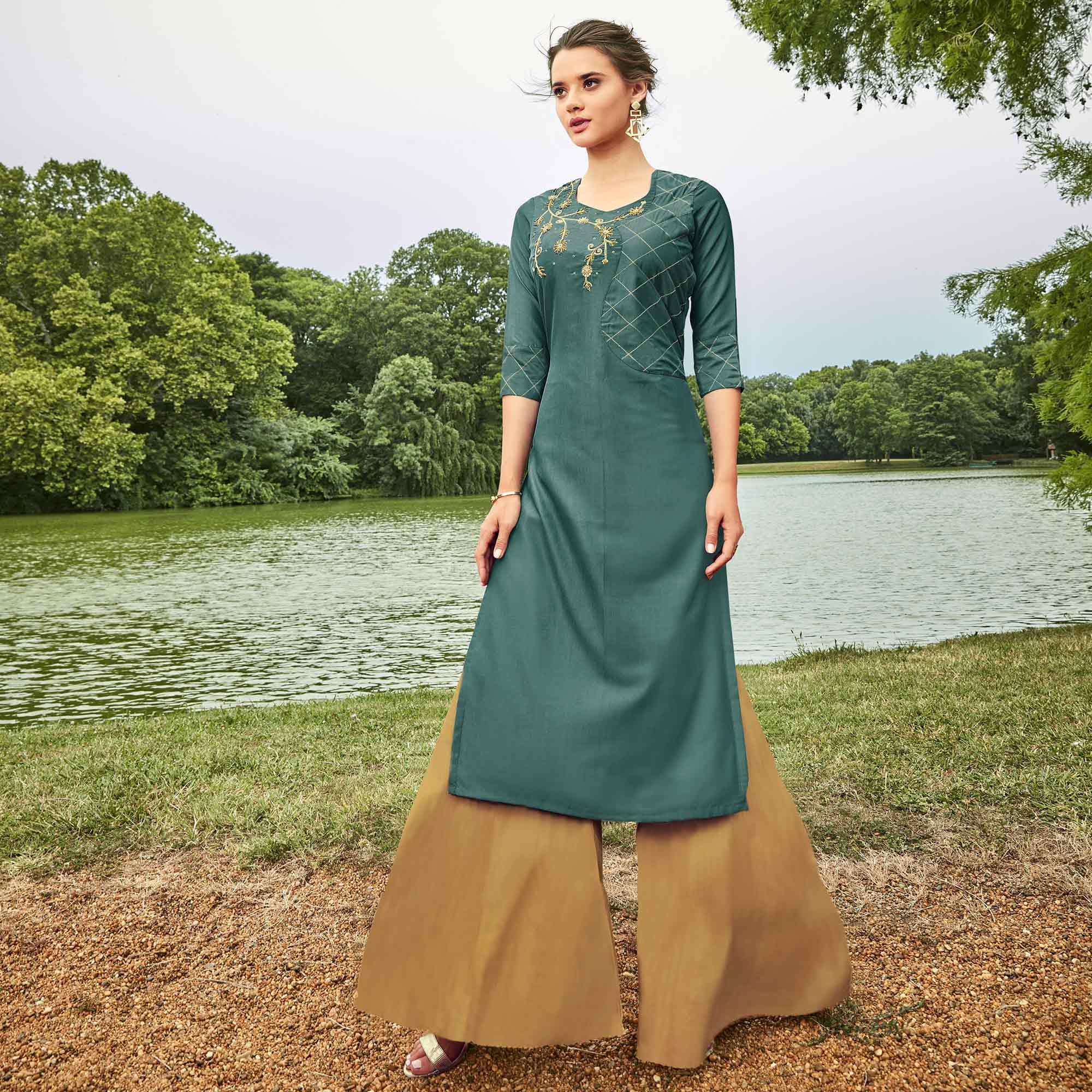 Lovely Teal Grey Colored Partywear Hand Embroidered Muslin Silk Kurti-Palazzo Set - Peachmode