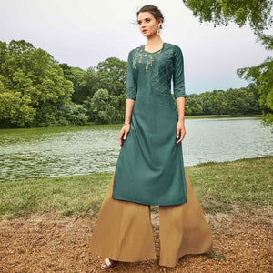 Lovely Teal Grey Colored Partywear Hand Embroidered Muslin Silk Kurti-Palazzo Set - Peachmode