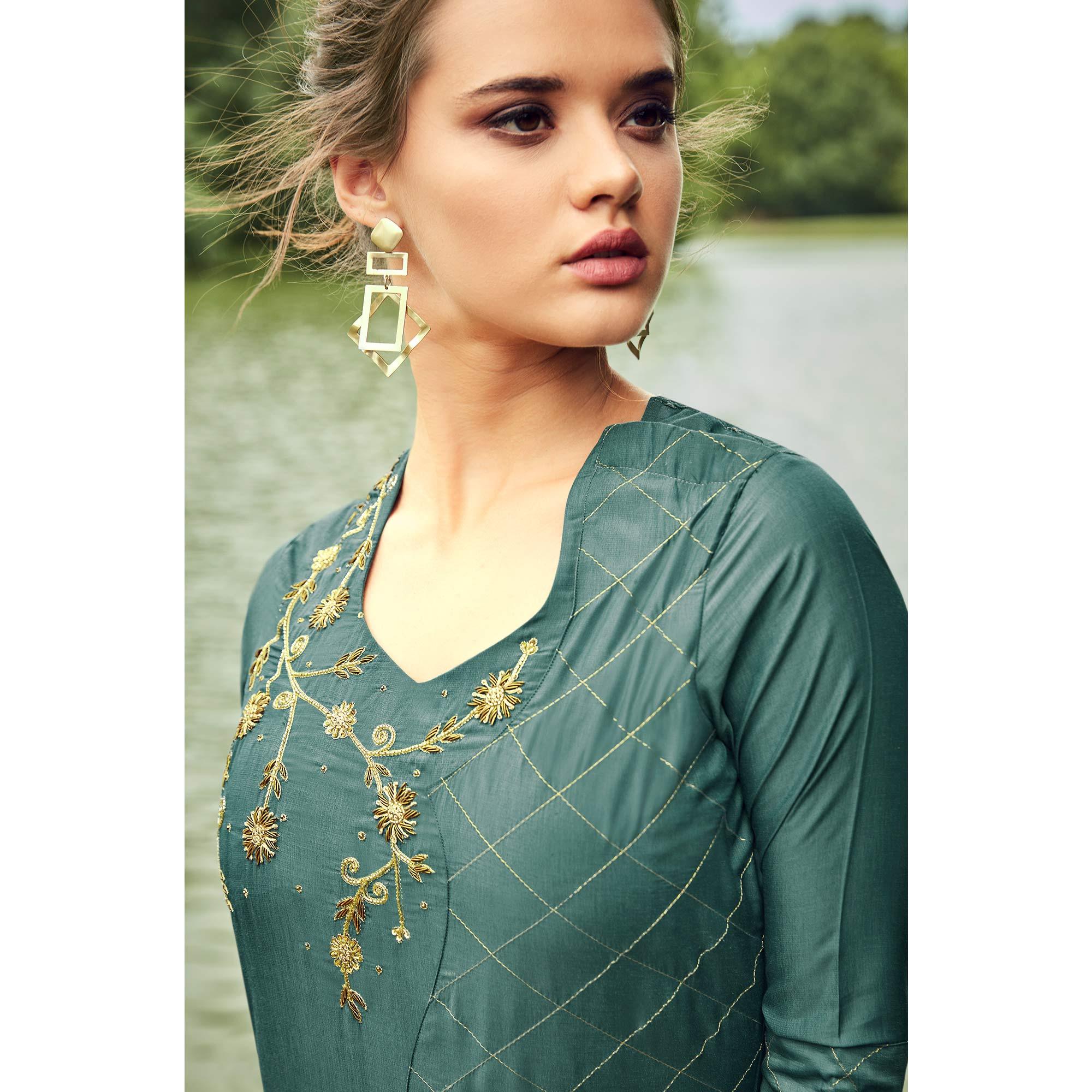 Lovely Teal Grey Colored Partywear Hand Embroidered Muslin Silk Kurti-Palazzo Set - Peachmode