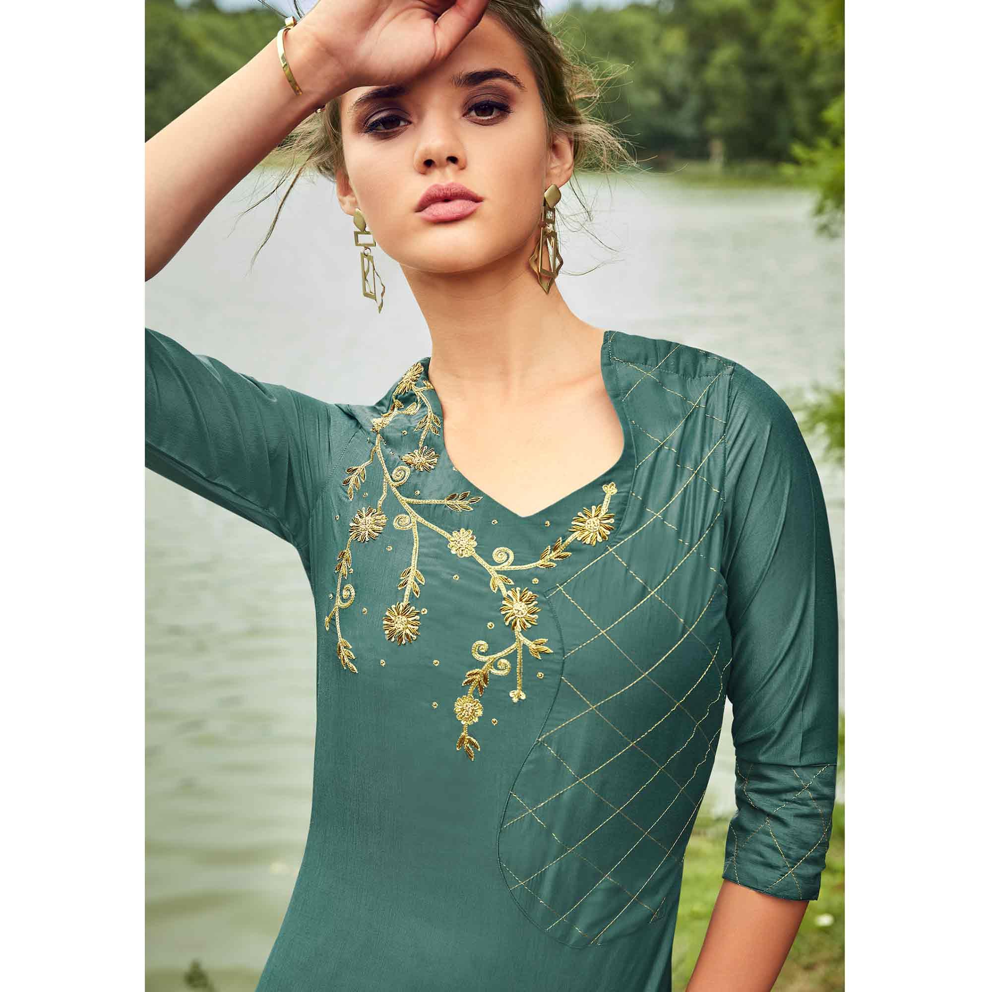 Lovely Teal Grey Colored Partywear Hand Embroidered Muslin Silk Kurti-Palazzo Set - Peachmode