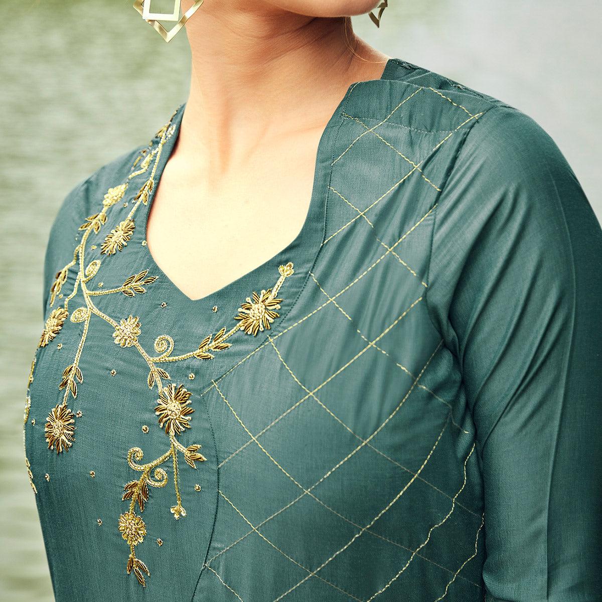 Lovely Teal Grey Colored Partywear Hand Embroidered Muslin Silk Kurti-Palazzo Set - Peachmode