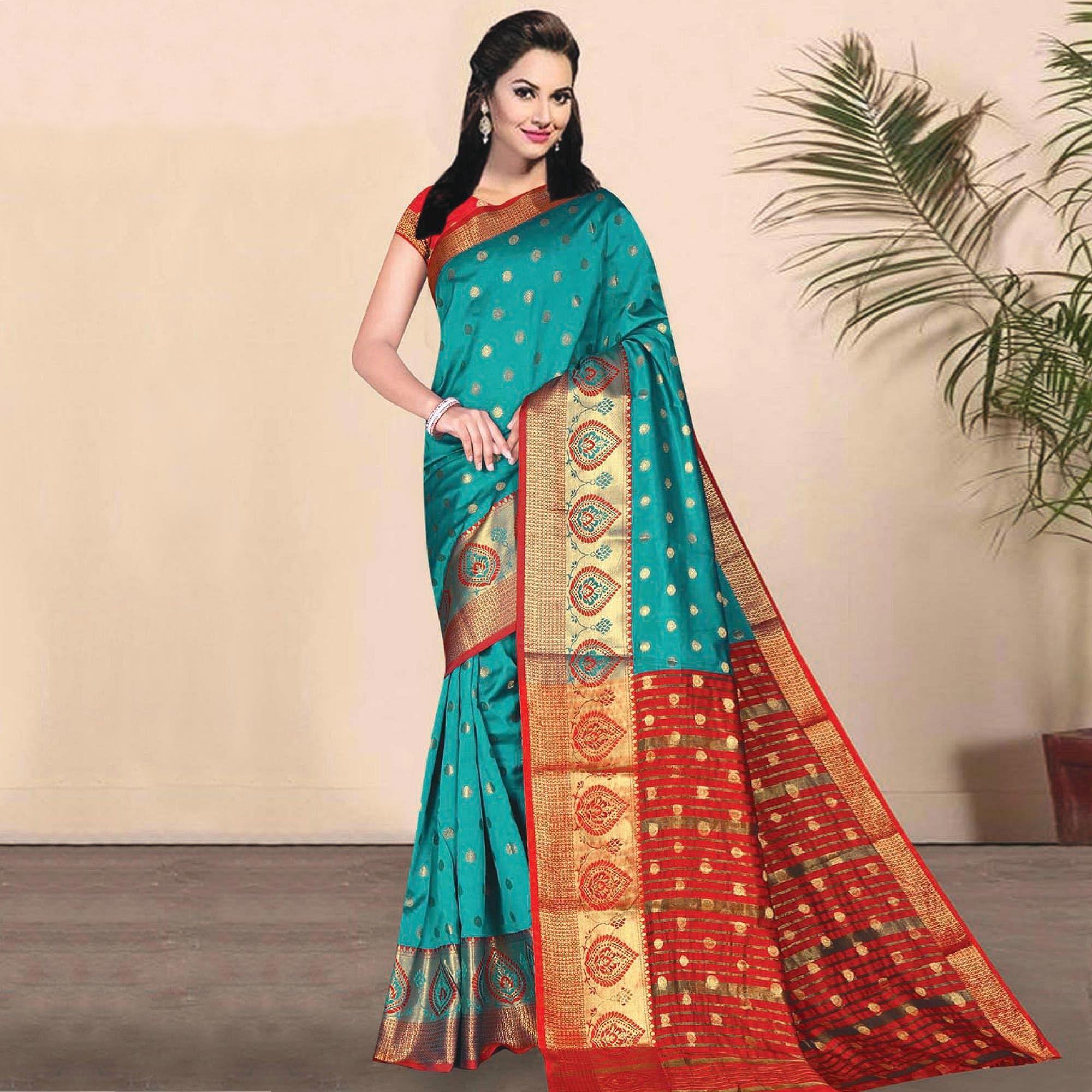 Lovely Turquoise Coloured Festive Wear Woven Kota Litchi Art Silk Saree - Peachmode