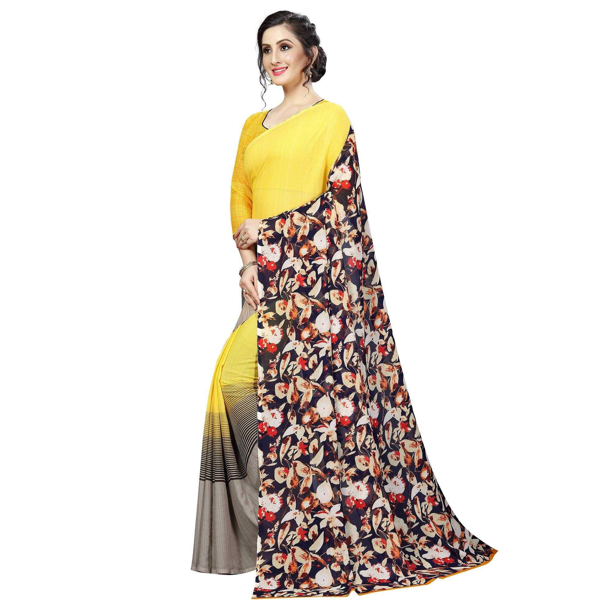 Lovely Yellow Colored Casual Printed Georgette Saree - Peachmode