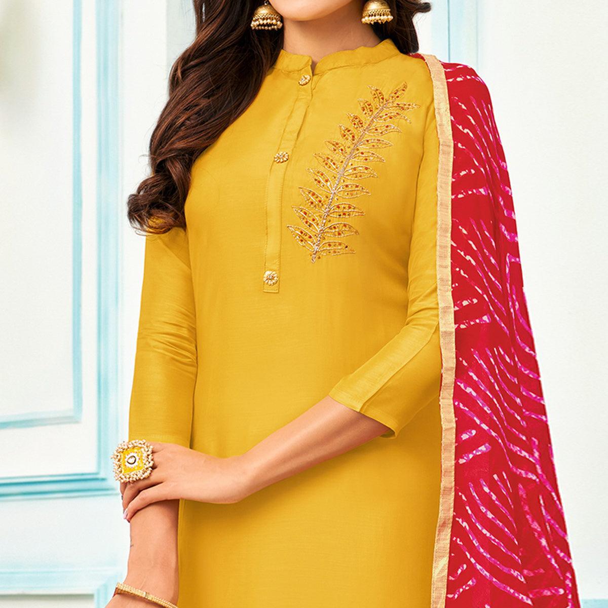 Lovely Yellow Colored Casual Wear Embroidered Chanderi Dress Material - Peachmode