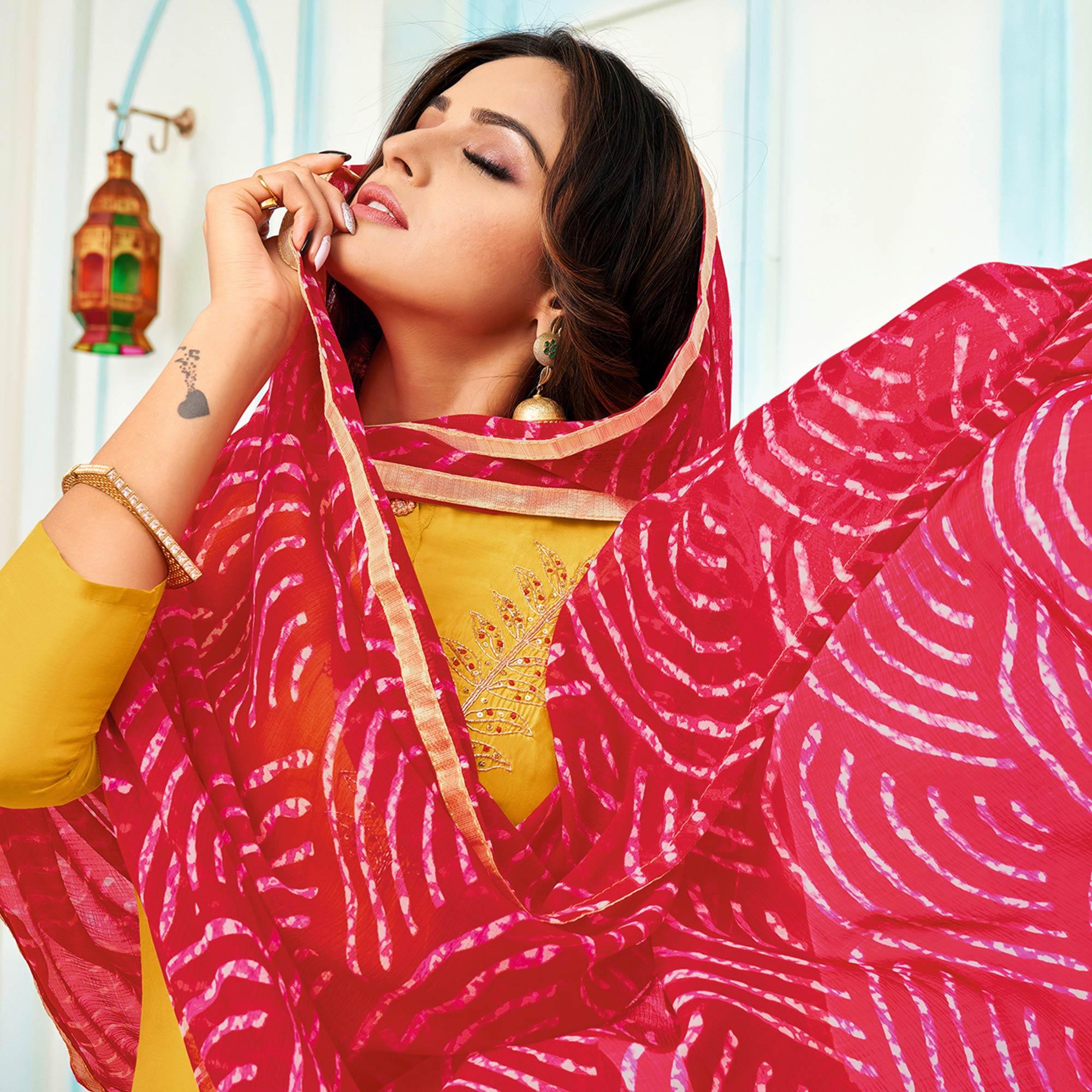Lovely Yellow Colored Casual Wear Embroidered Chanderi Dress Material - Peachmode