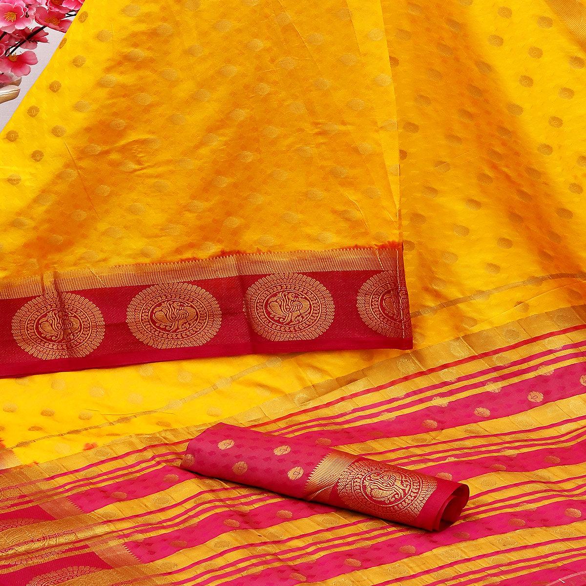 Lovely Yellow Colored Festive Wear Woven Nylon Silk Saree - Peachmode
