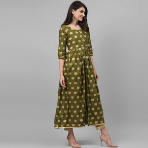 Maai - Green Casual Block Printed Cotton Anarkali Kurti - Peachmode