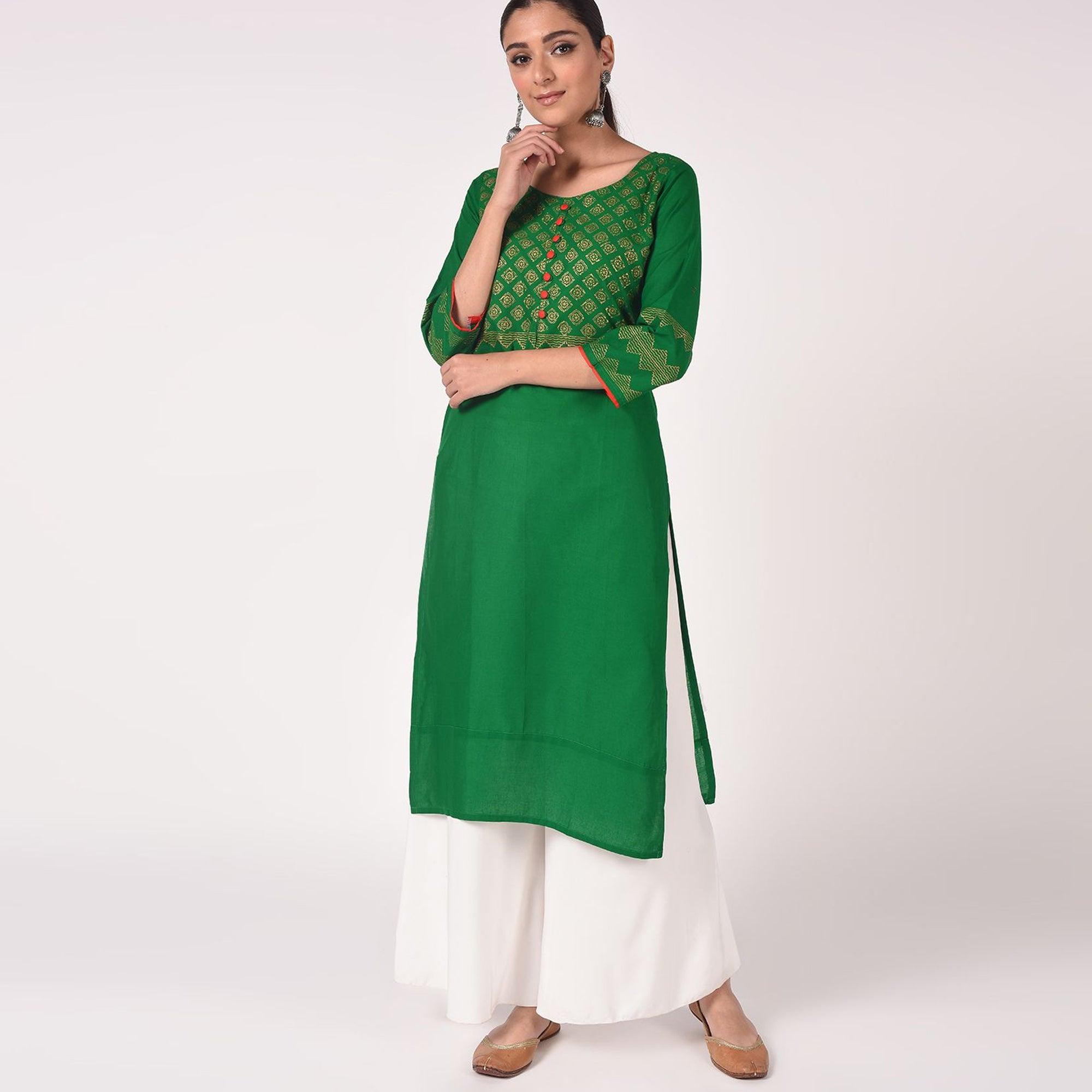 Maai - Green Casual Block Printed Cotton Kurti - Peachmode