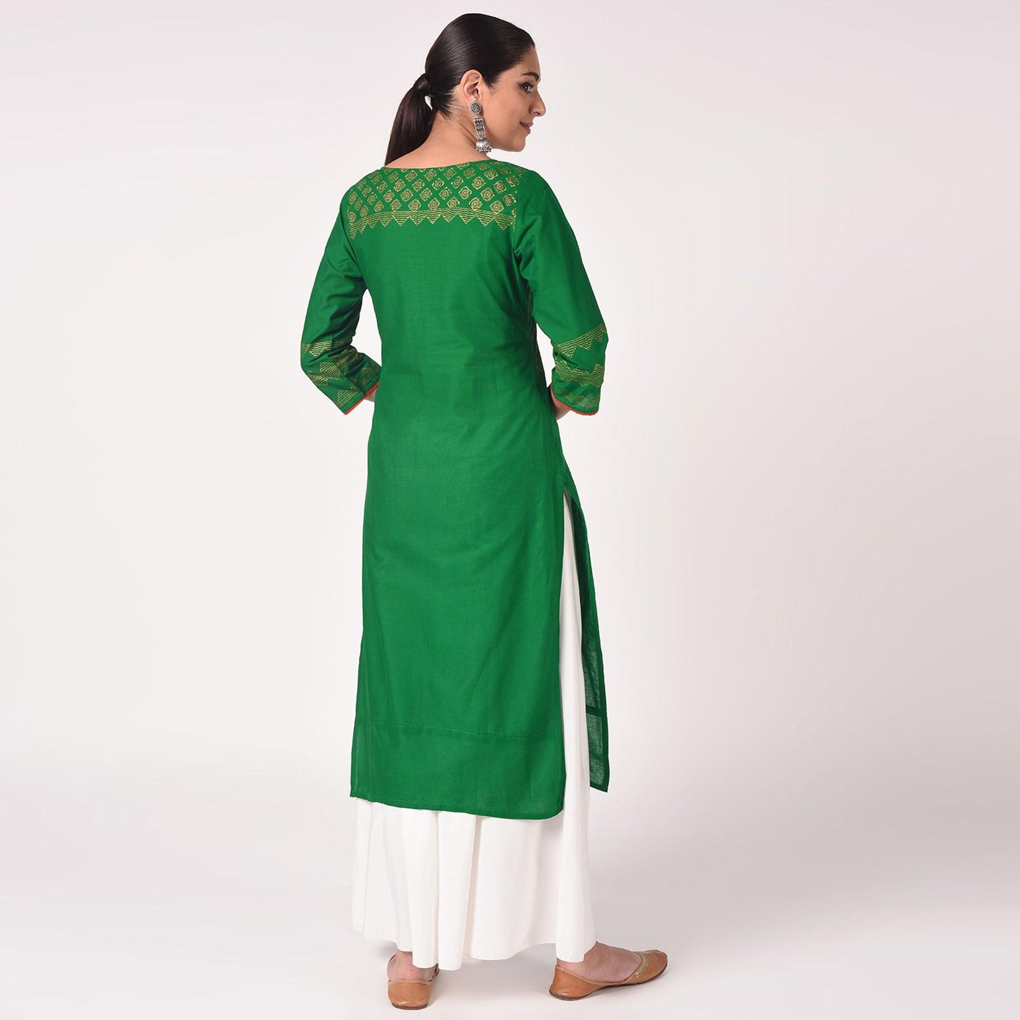Maai - Green Casual Block Printed Cotton Kurti - Peachmode