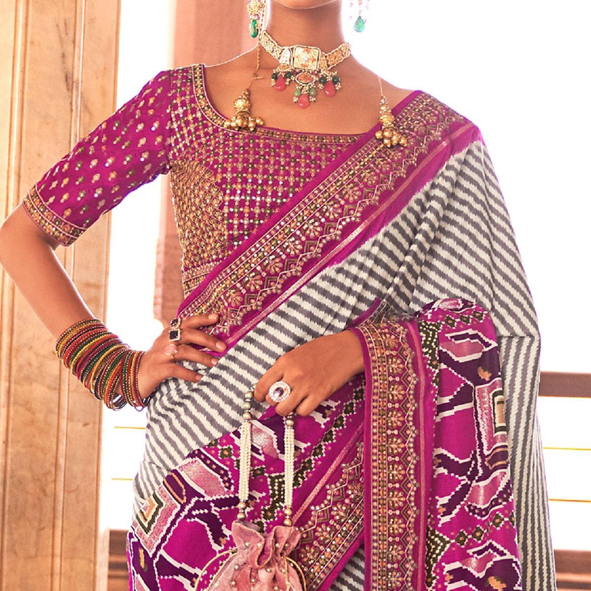 Magenta & Off White Patola Printed-Sequence Embroidered Pure Silk Saree - Peachmode