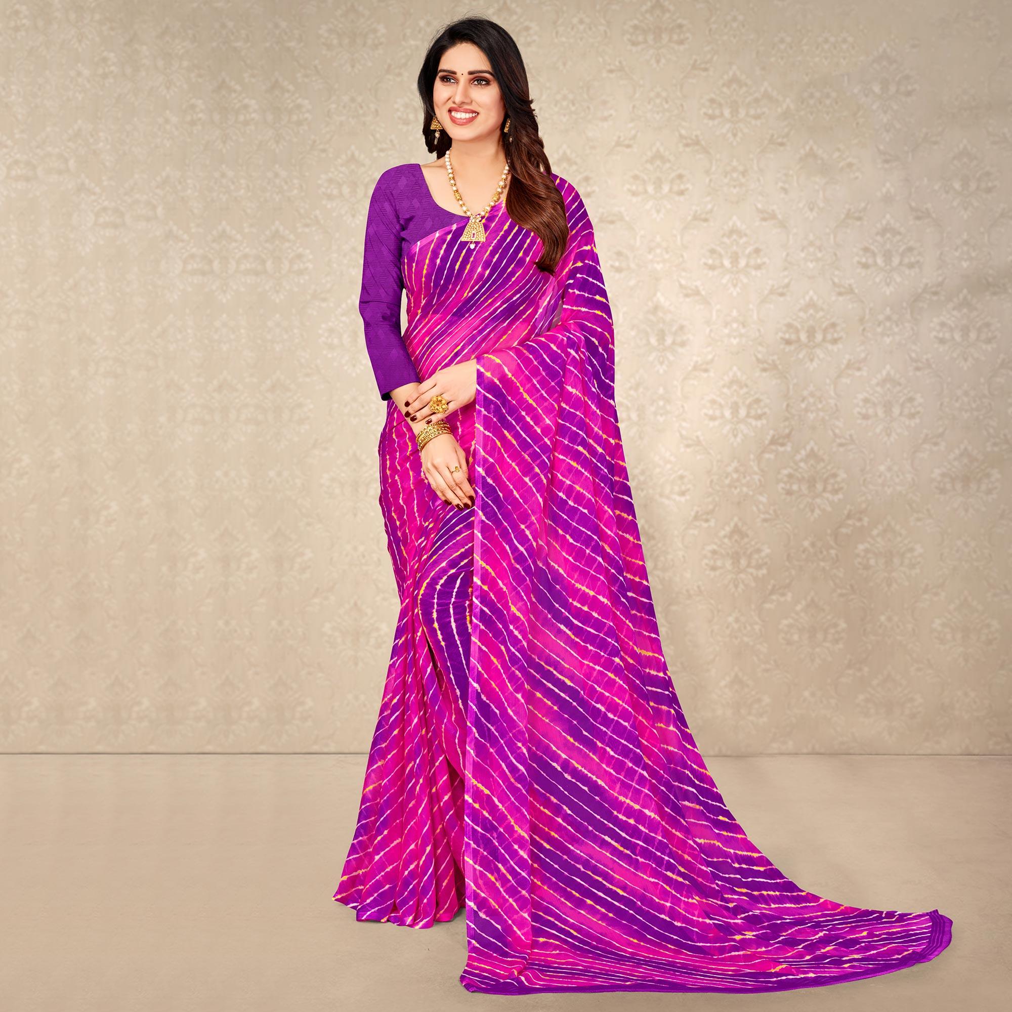 Magenta & Voilet Printed Chiffon Saree - Peachmode