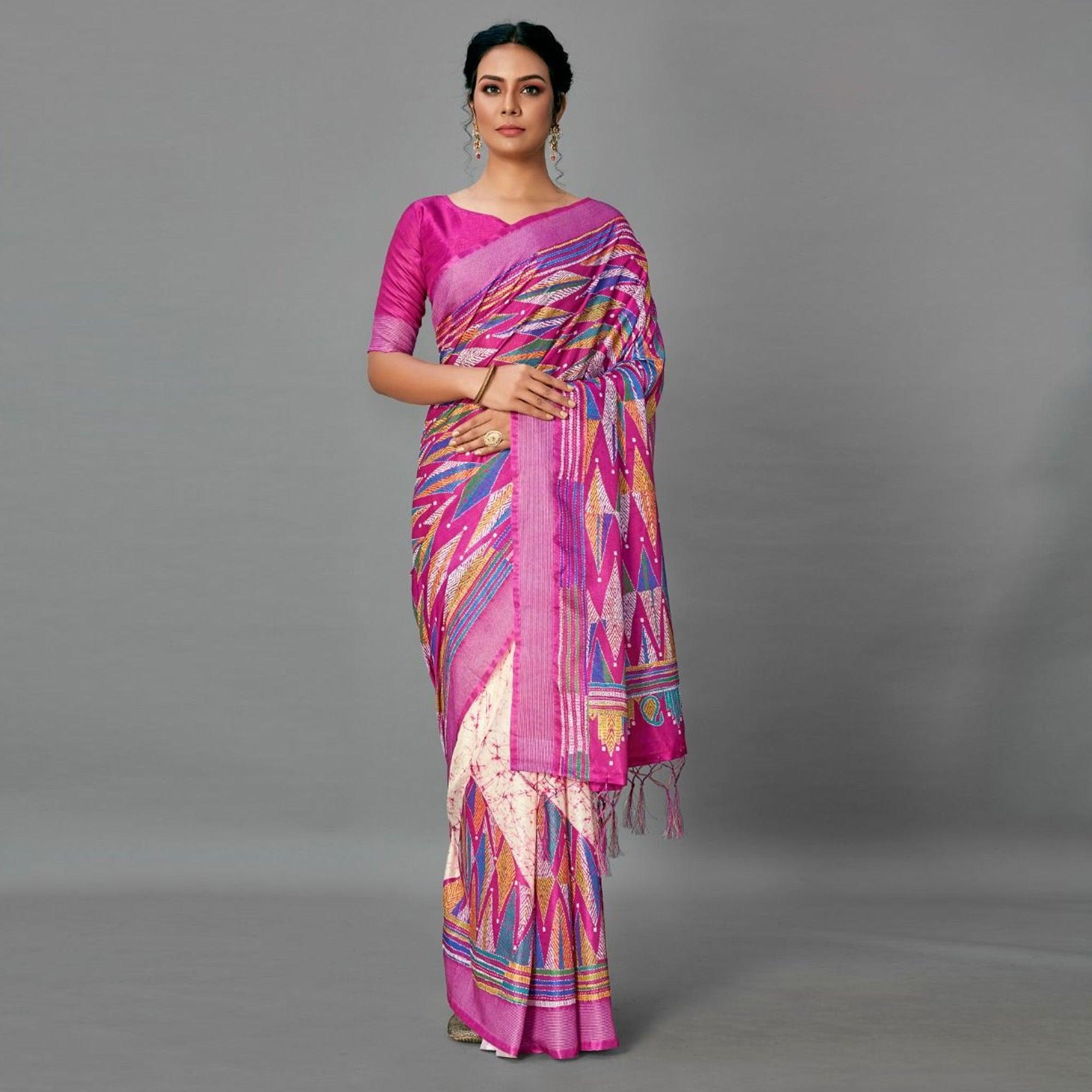 Magenta Casual Art Silk Printed Saree With Unstitched Blouse - Peachmode