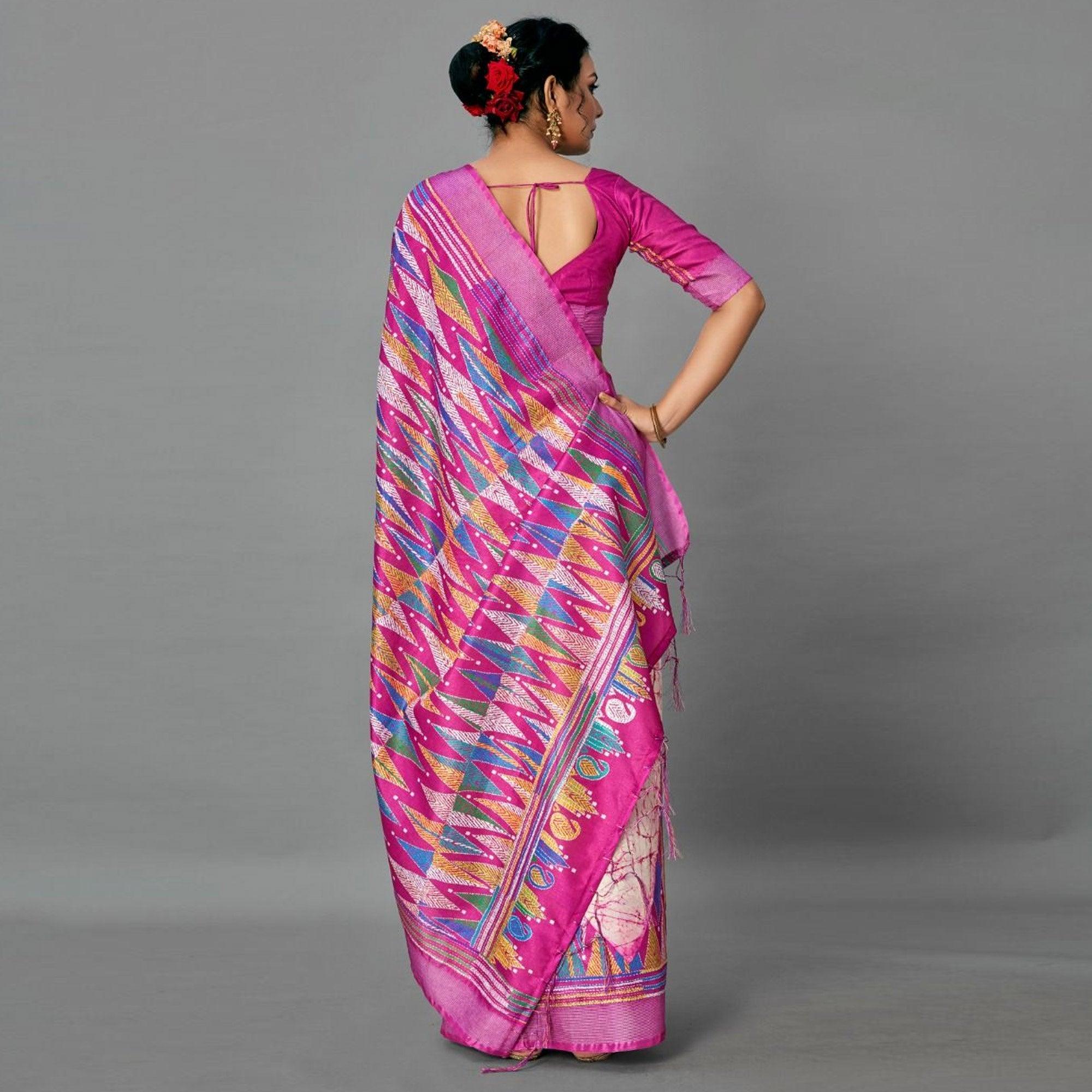 Magenta Casual Art Silk Printed Saree With Unstitched Blouse - Peachmode