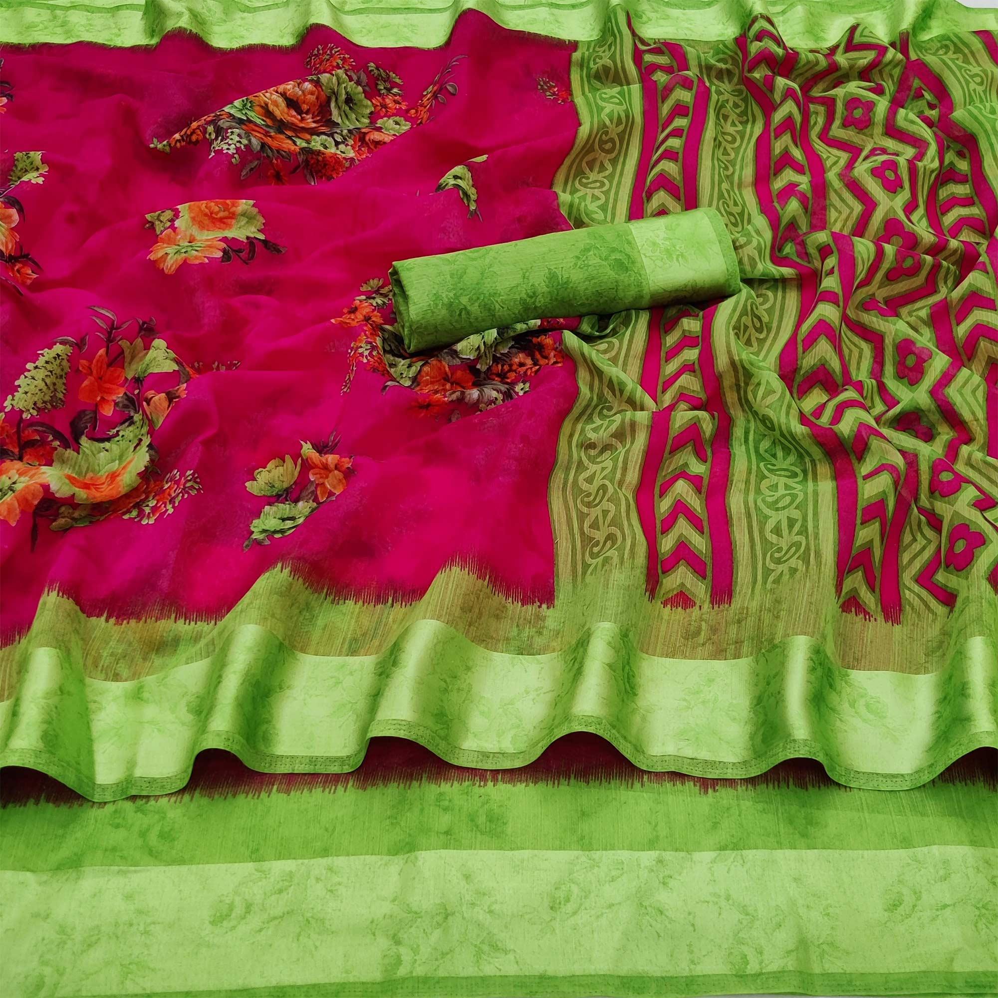 Magenta Casual Wear Floral Digital Printed linen Saree - Peachmode