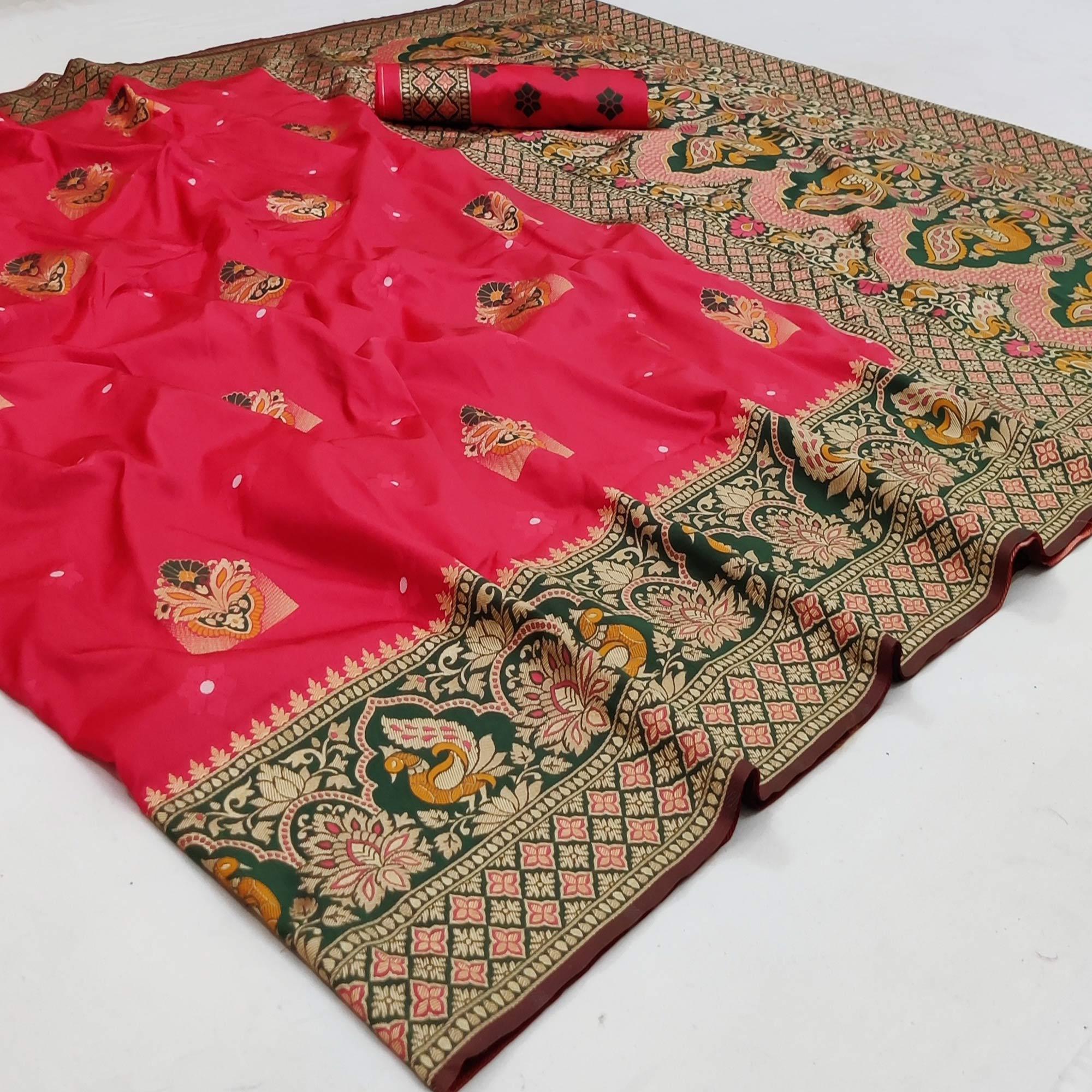 Magenta Festive Wear Floral Woven Designer Soft Silk Banarasi Saree - Peachmode