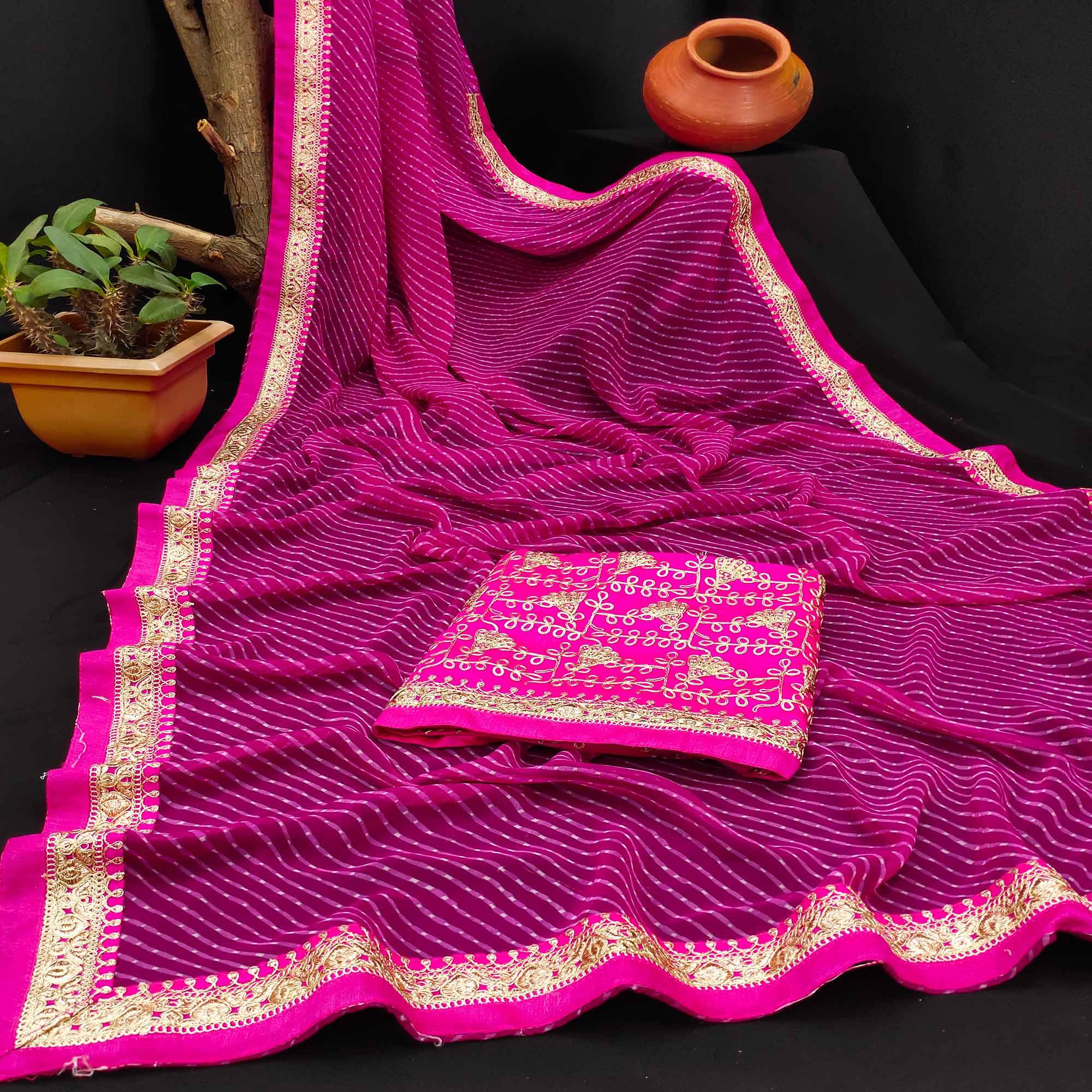 Magenta Festive Wear Printed With Lace Border Georgette Saree - Peachmode
