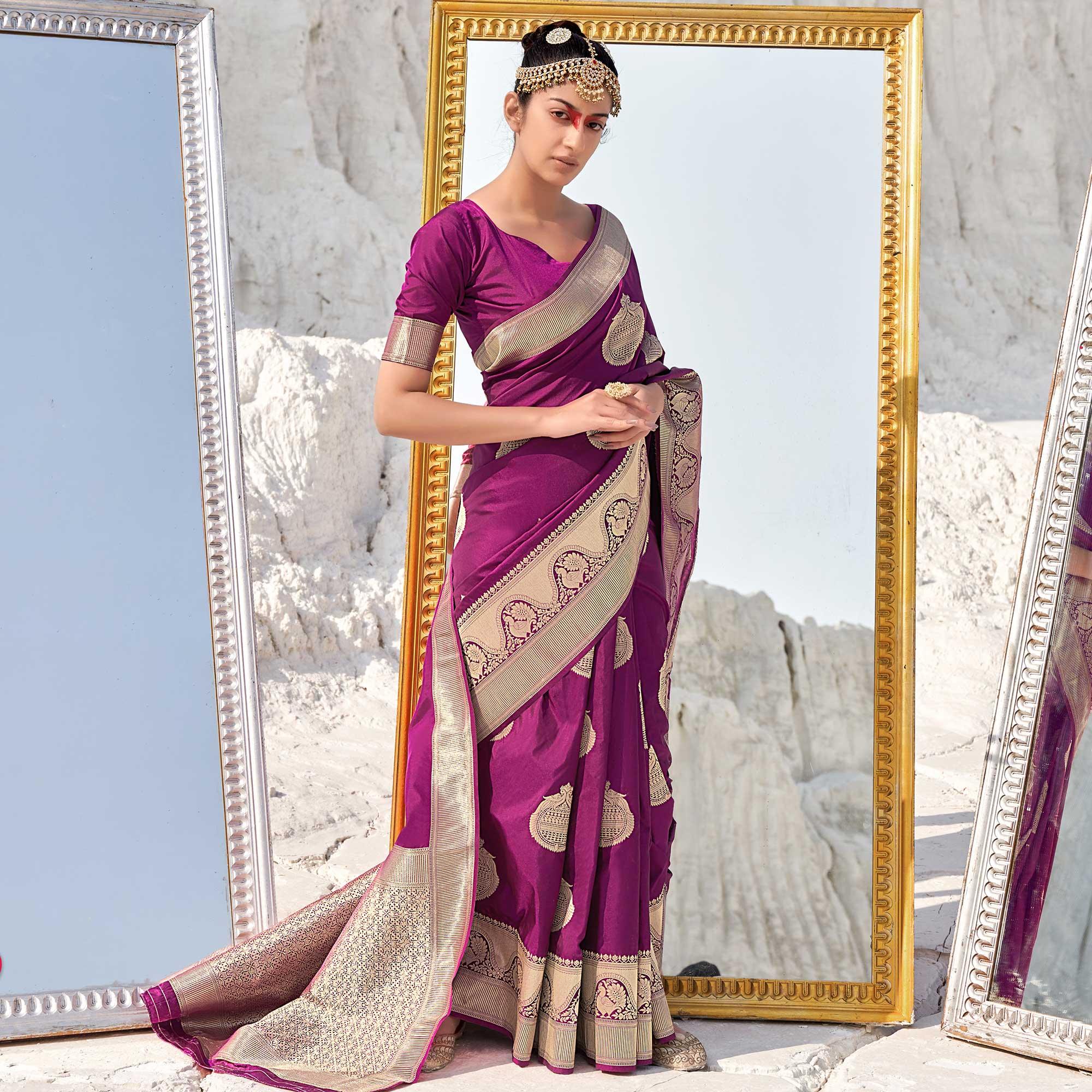 Magenta Festive Wear Woven Banarasi Silk Saree - Peachmode
