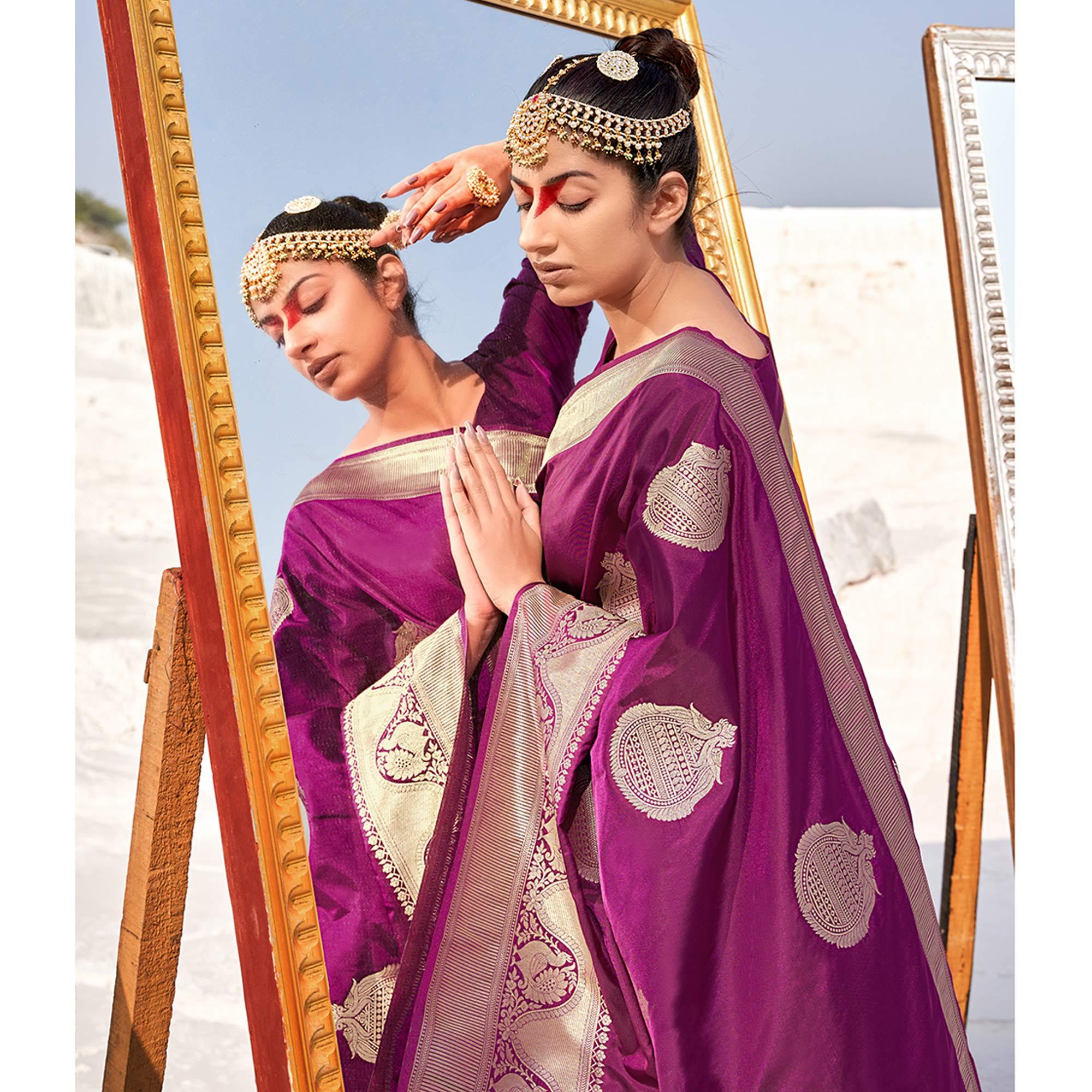 Magenta Festive Wear Woven Banarasi Silk Saree - Peachmode