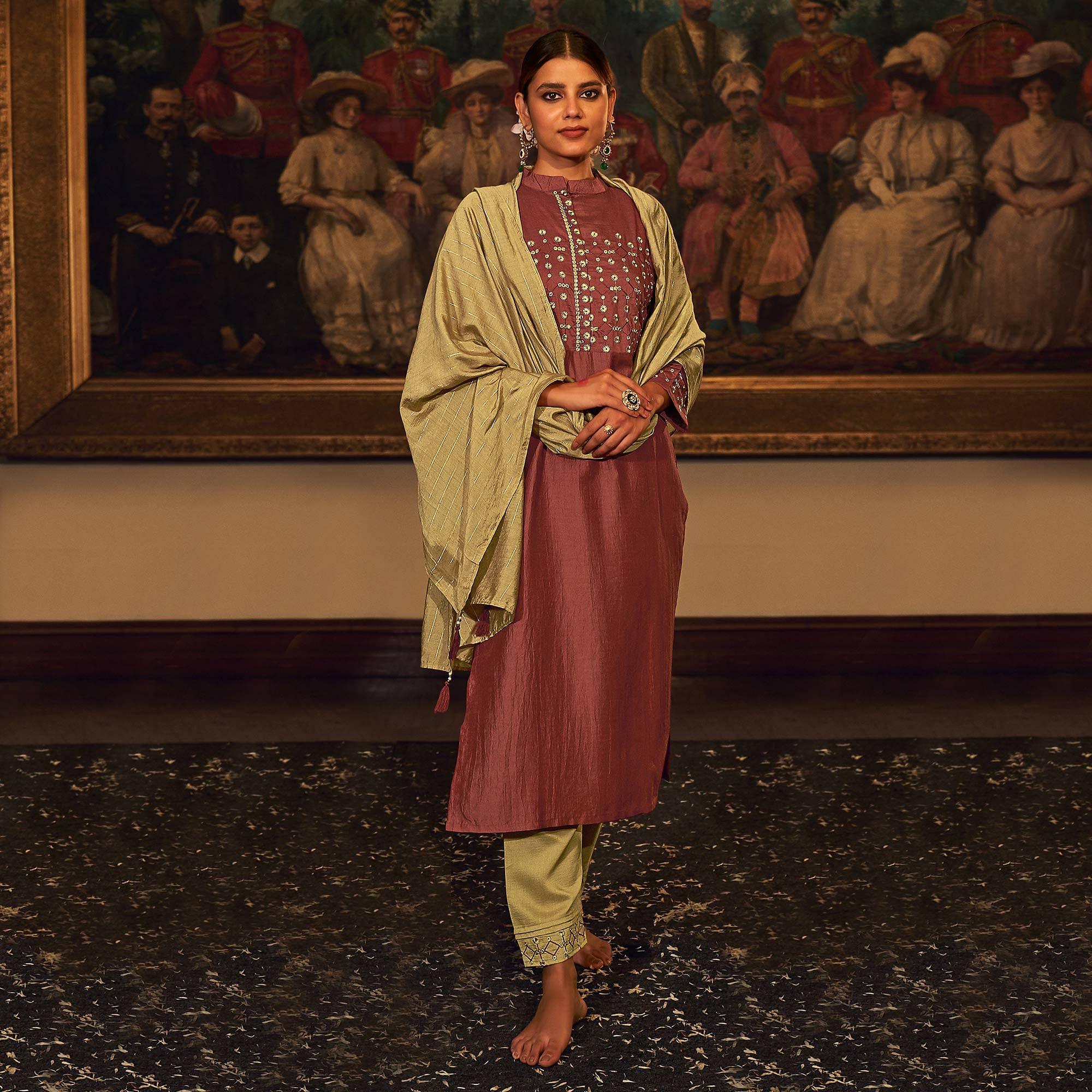 Magenta Floral Embroidered Pure Viscose Silk Partywear Suit - Peachmode