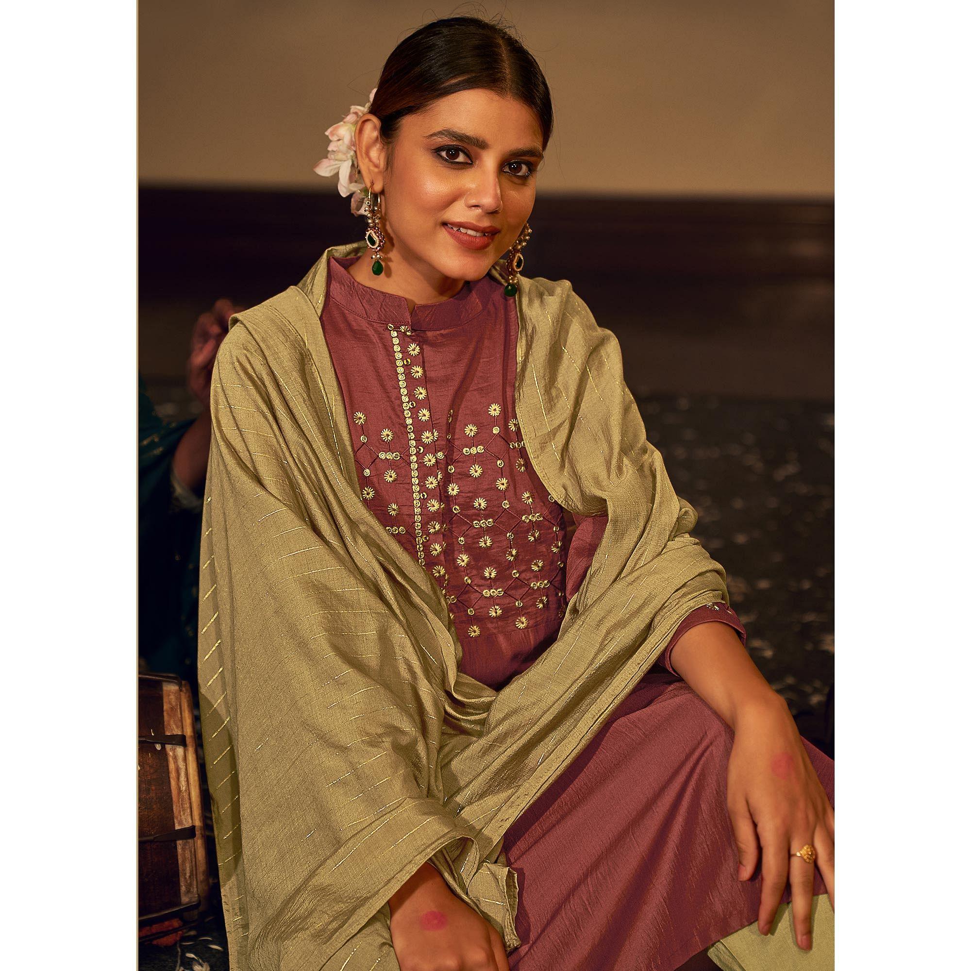 Magenta Floral Embroidered Pure Viscose Silk Partywear Suit - Peachmode