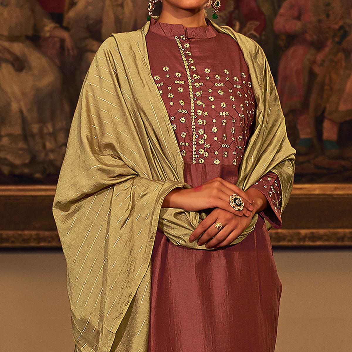 Magenta Floral Embroidered Pure Viscose Silk Partywear Suit - Peachmode